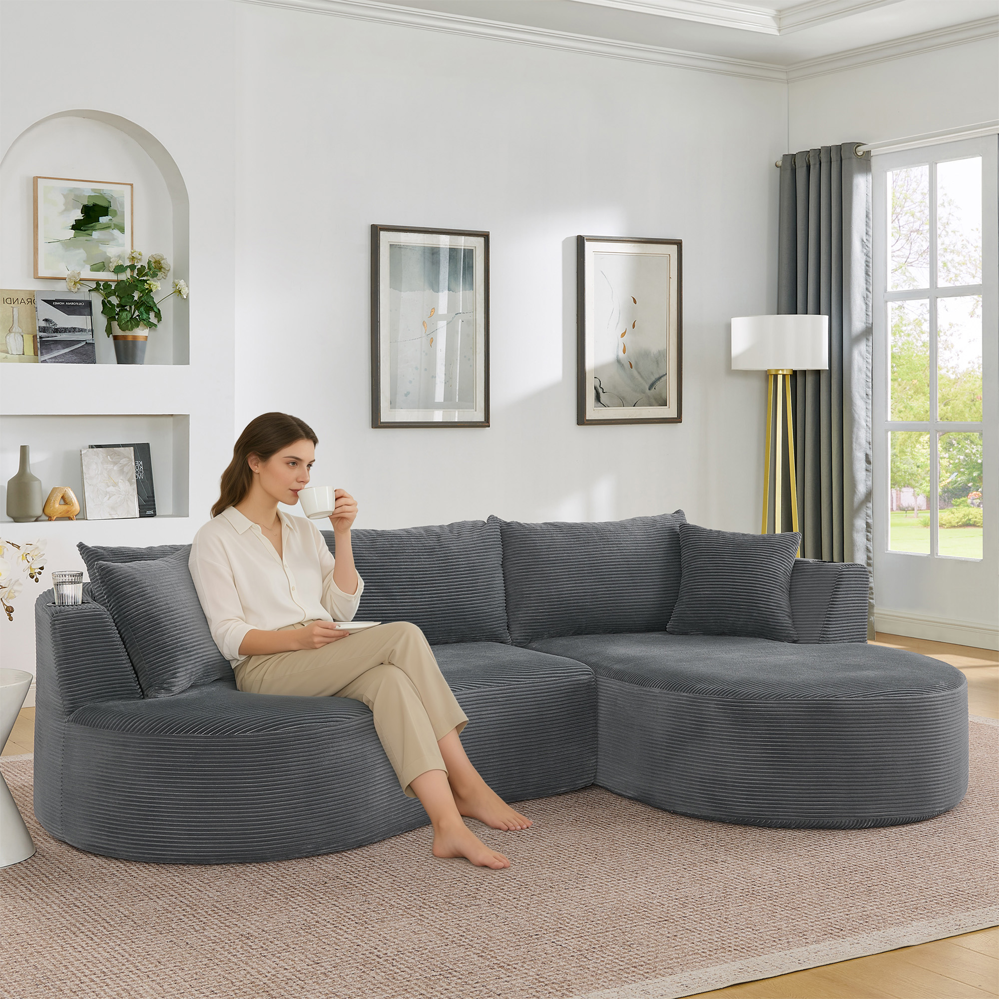 Méridienne Canapé Design Organique Gris Tissu Doux Avec Support Boissons Et Coussins Pour Appartement Hôtel Bureau