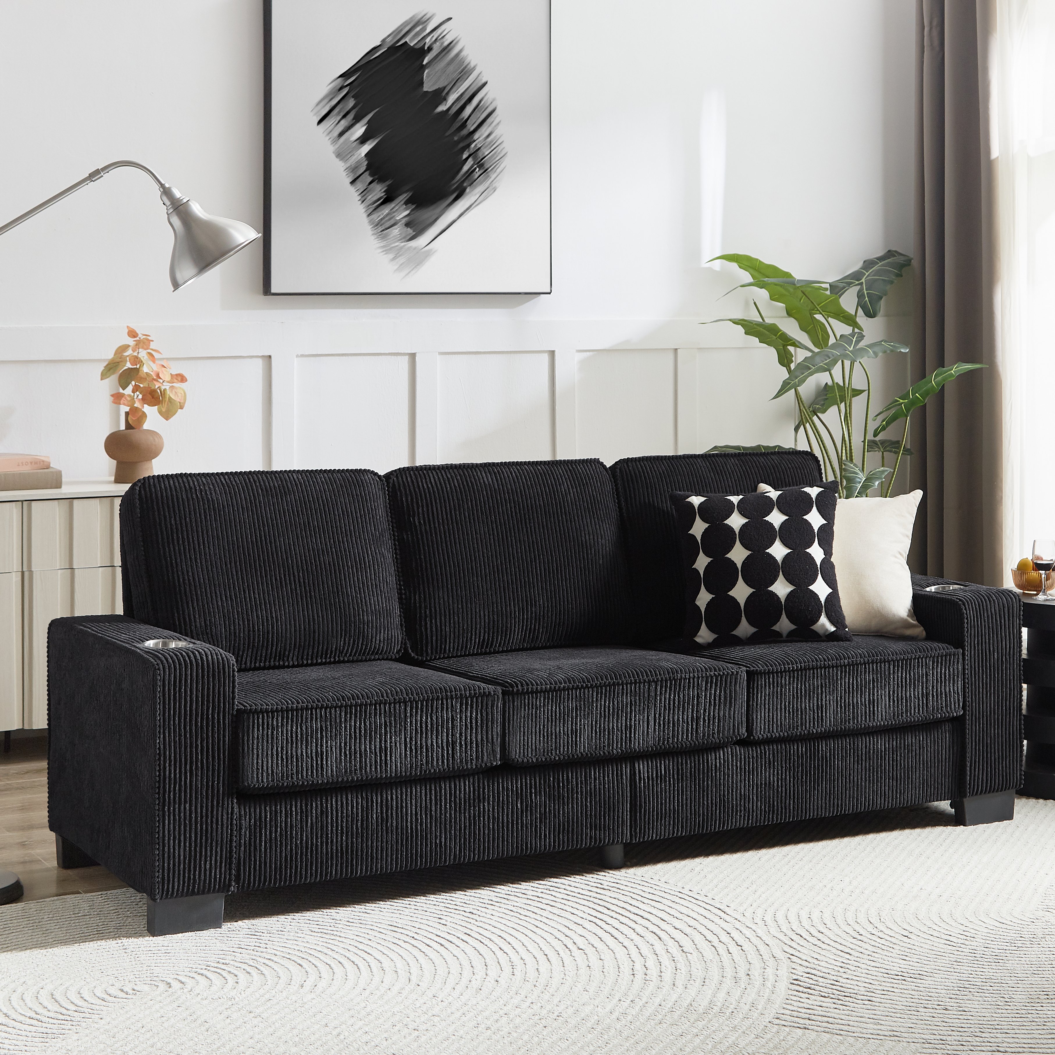 Canapé Droit 3 Places Revêtement Velours Côtelé Noir Structure Renforcée Avec Coussins Haute Densité Dimensions 206 Cm