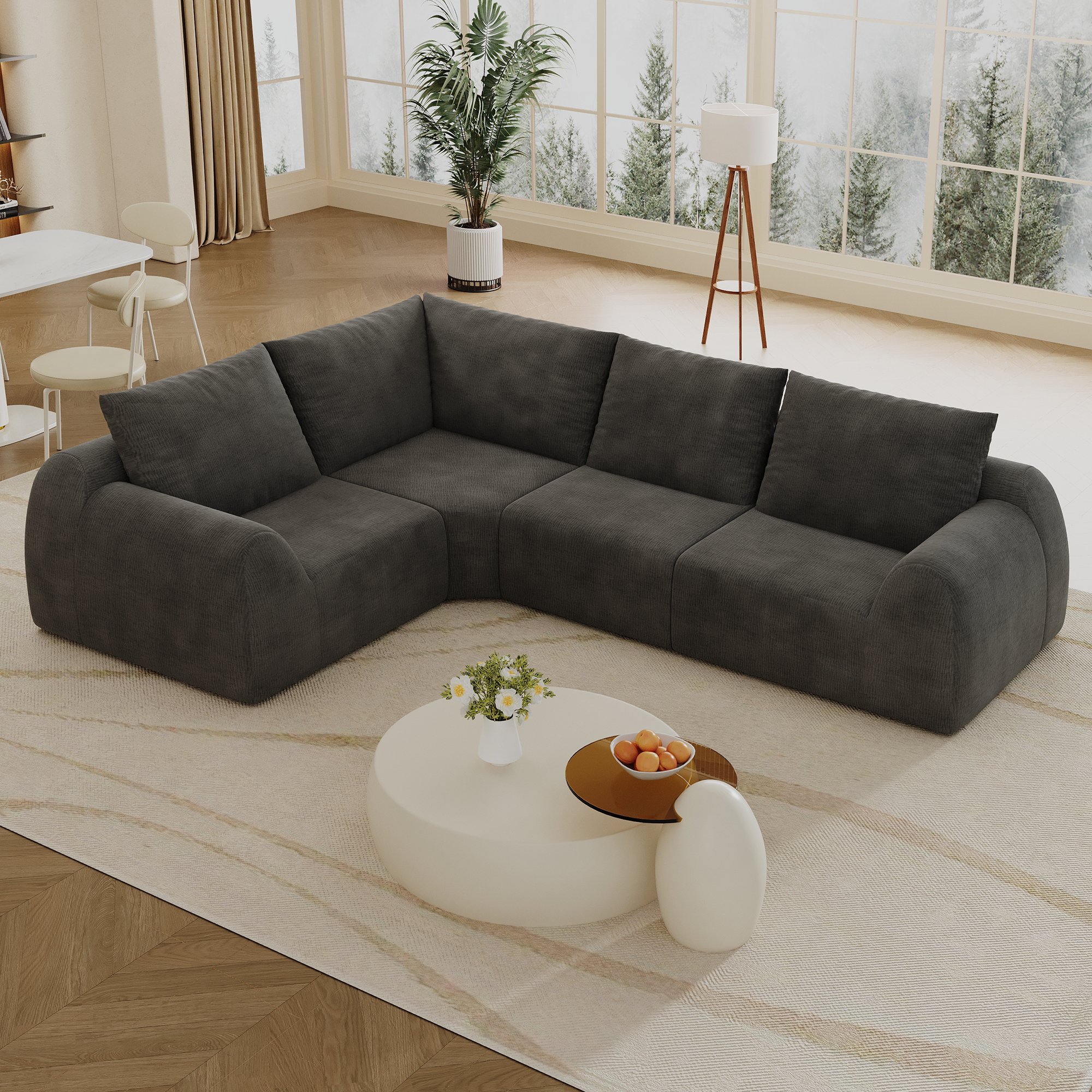 Canapé sans montage 267x200x85 cm en tissu chenille gris foncé avec mousse haute élasticité pour salon et chambre