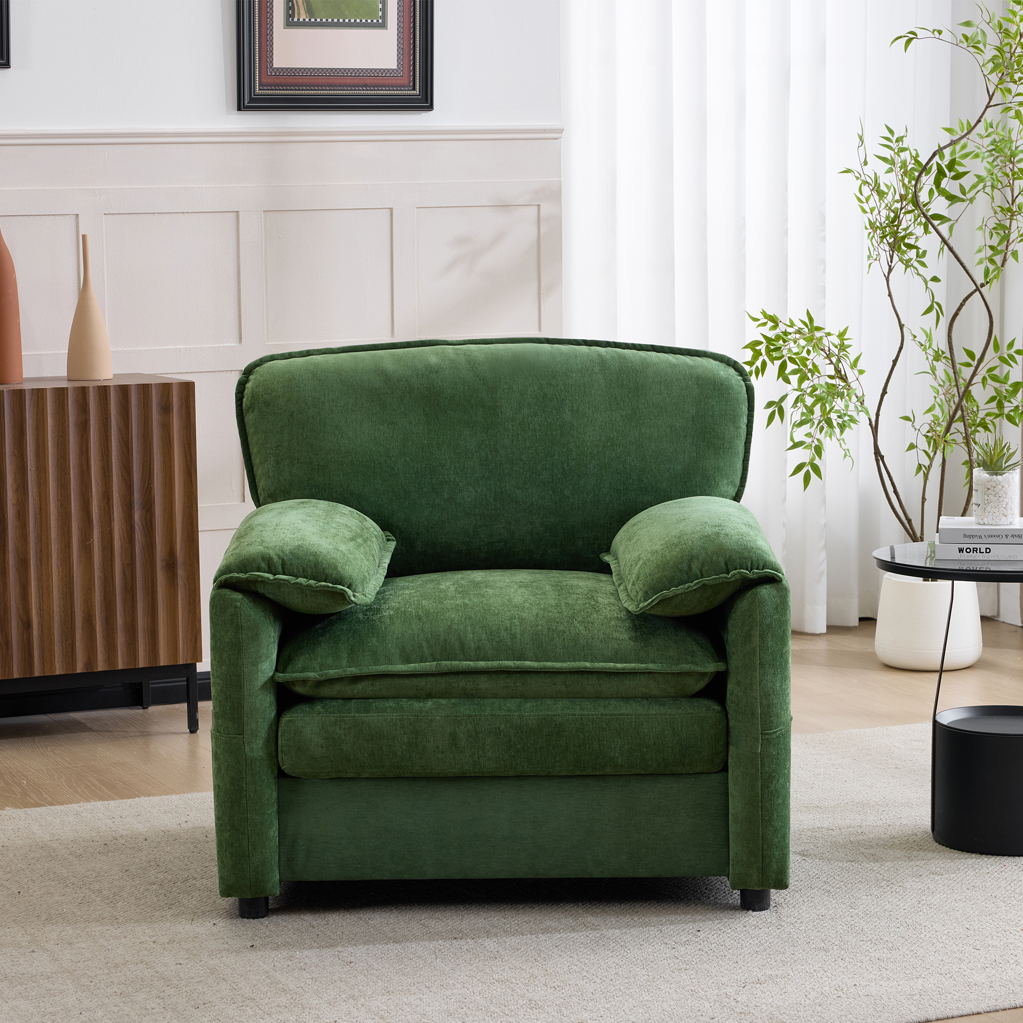 Fauteuil chenille vert foncé style rétro avec rangement intégré, assise ergonomique haute élasticité pour petit espace salon