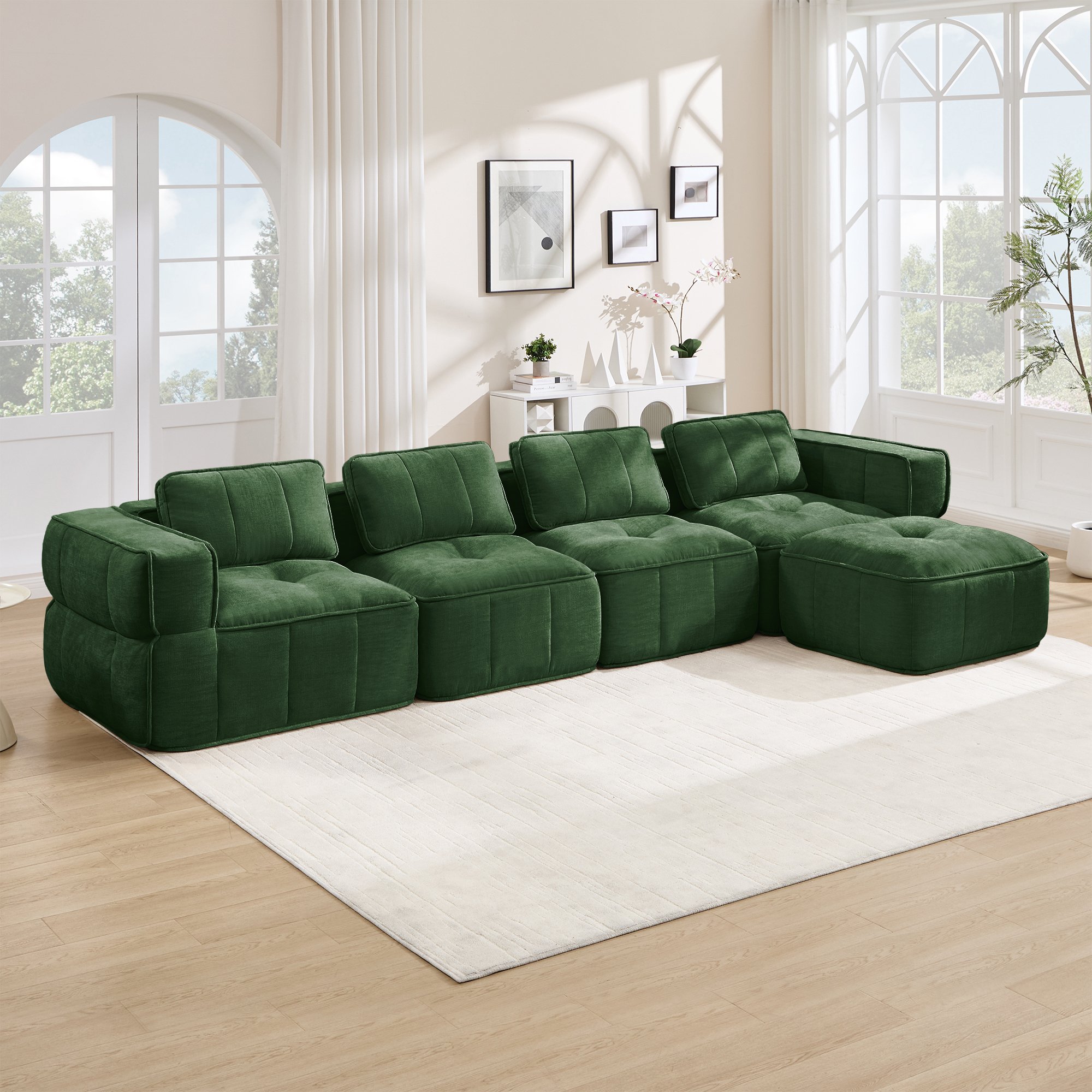 Canapé d'angle modulable 4 places vert en polyester sans cadre avec pouf, assise profonde et mousse haute densité pour salon moderne