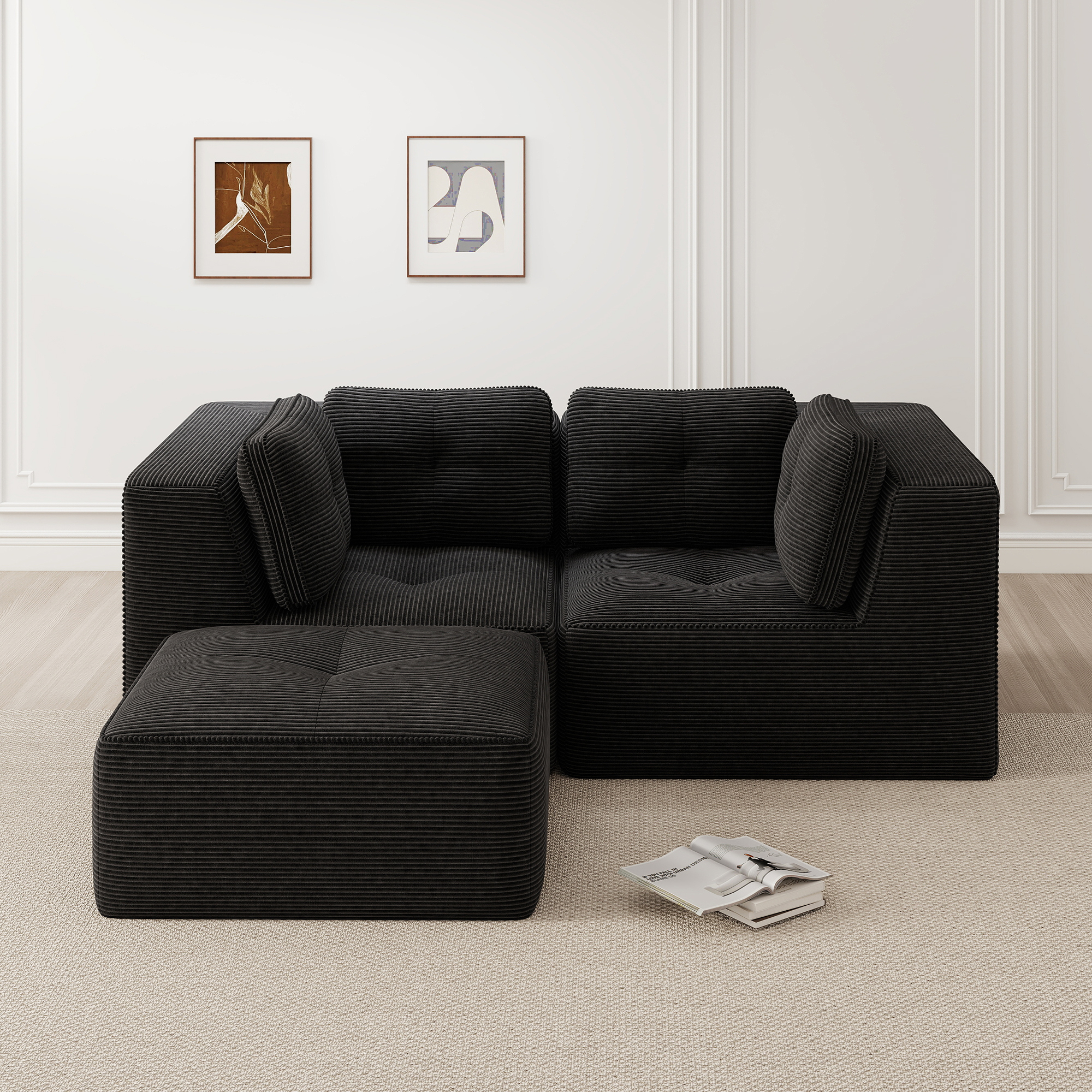 Canapé d'angle modulable revêtu de velours côtelé noir, assise en mousse haute densité 32D, pieds antidérapants et accoudoirs larges