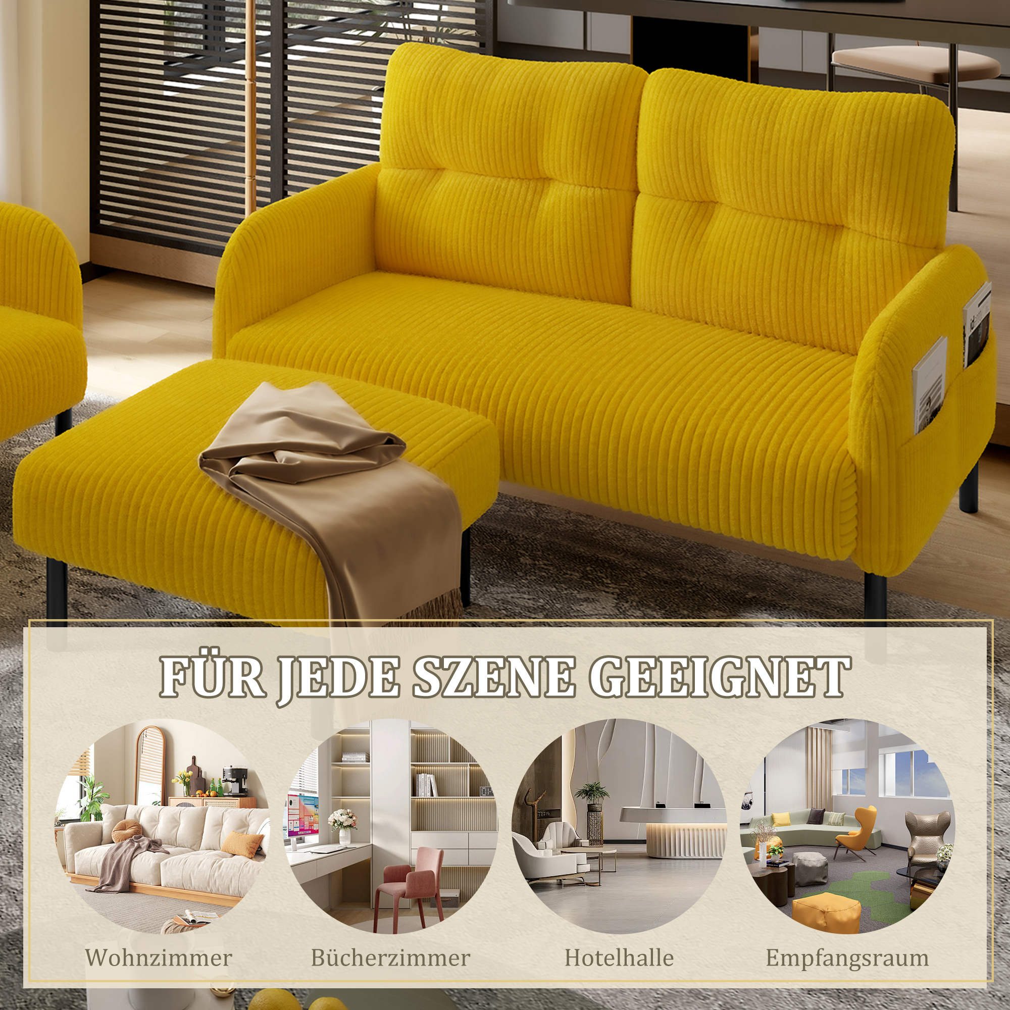 Ensemble canapé 2 places fauteuil et pouf en velours côtelé jaune moutarde, modulable avec poches latérales