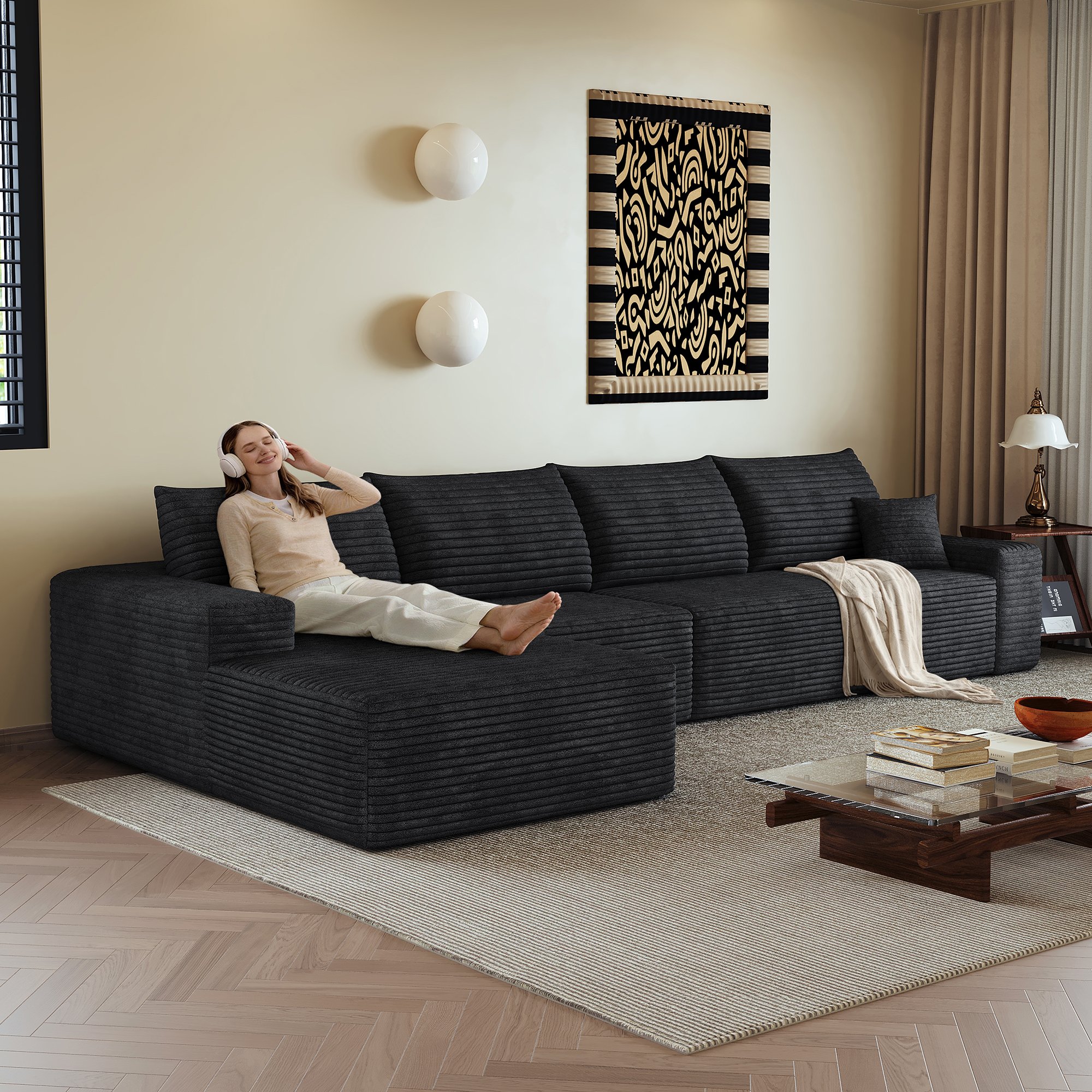 Canapé d'angle 340x175cm en tissu velours côtelé noir, structure modulaire avec méridienne, assise profonde, sans montage requis