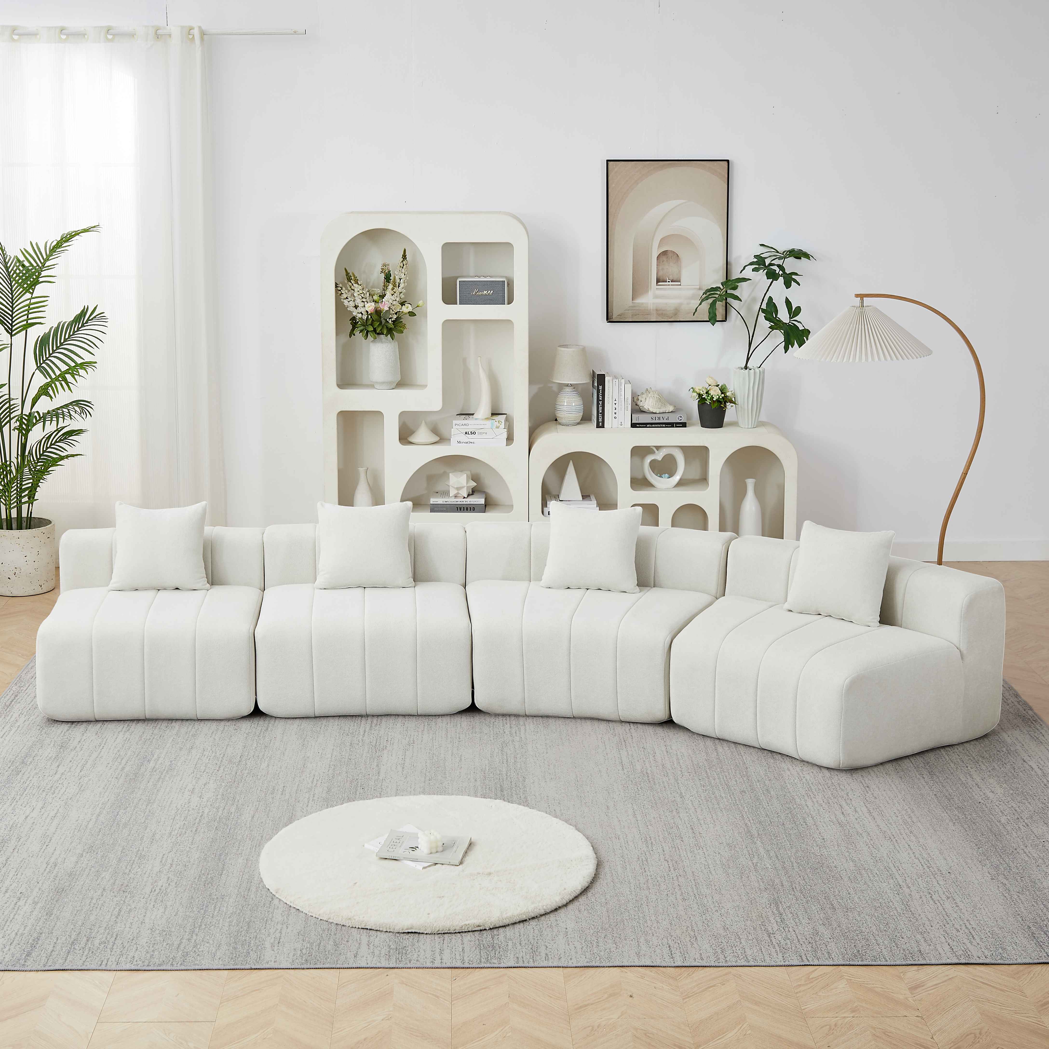 Canapé Modulable Style Piano Beige, 2 Coussins Inclus, Forme Courbe Symétrique, Prêt à L'emploi, Pour Salon ou Bureau Relaxation