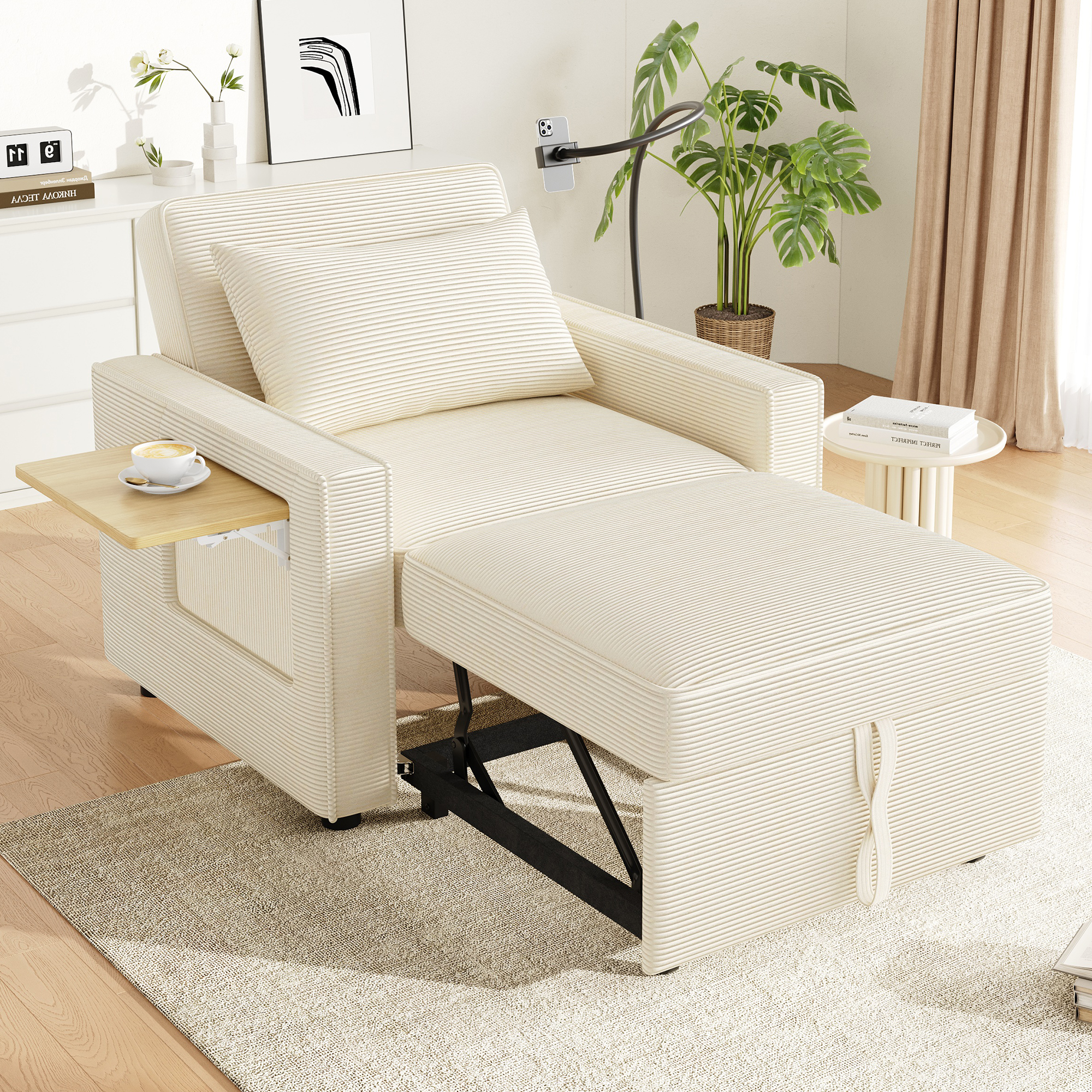 Canapé 1 place en velours côtelé beige, cadre métal et bois massif, avec LED intégrée et port USB