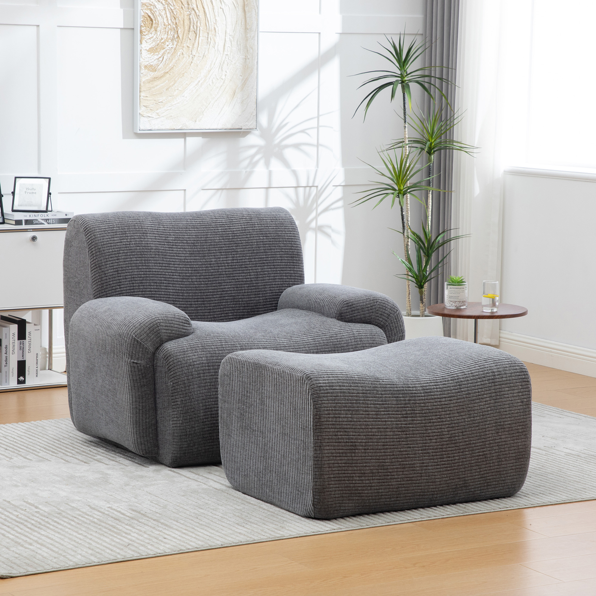 Fauteuil Gris avec Repose-Pieds Amovible, Sans Montage et Emballage Sous Vide pour Salon Compact et Petits Espaces
