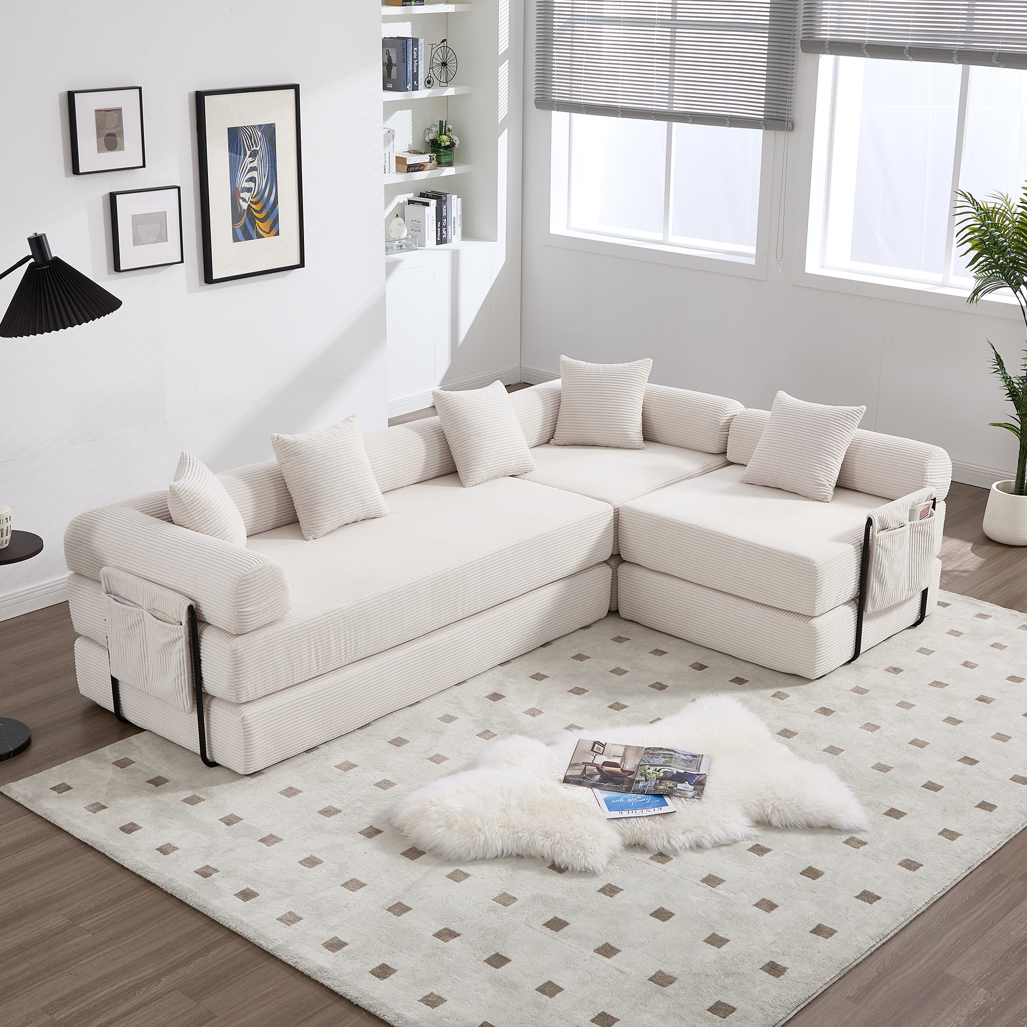 Canapé modulaire avec rangement 270x180x64 cm en velours côtelé beige, 3 places et modules séparables