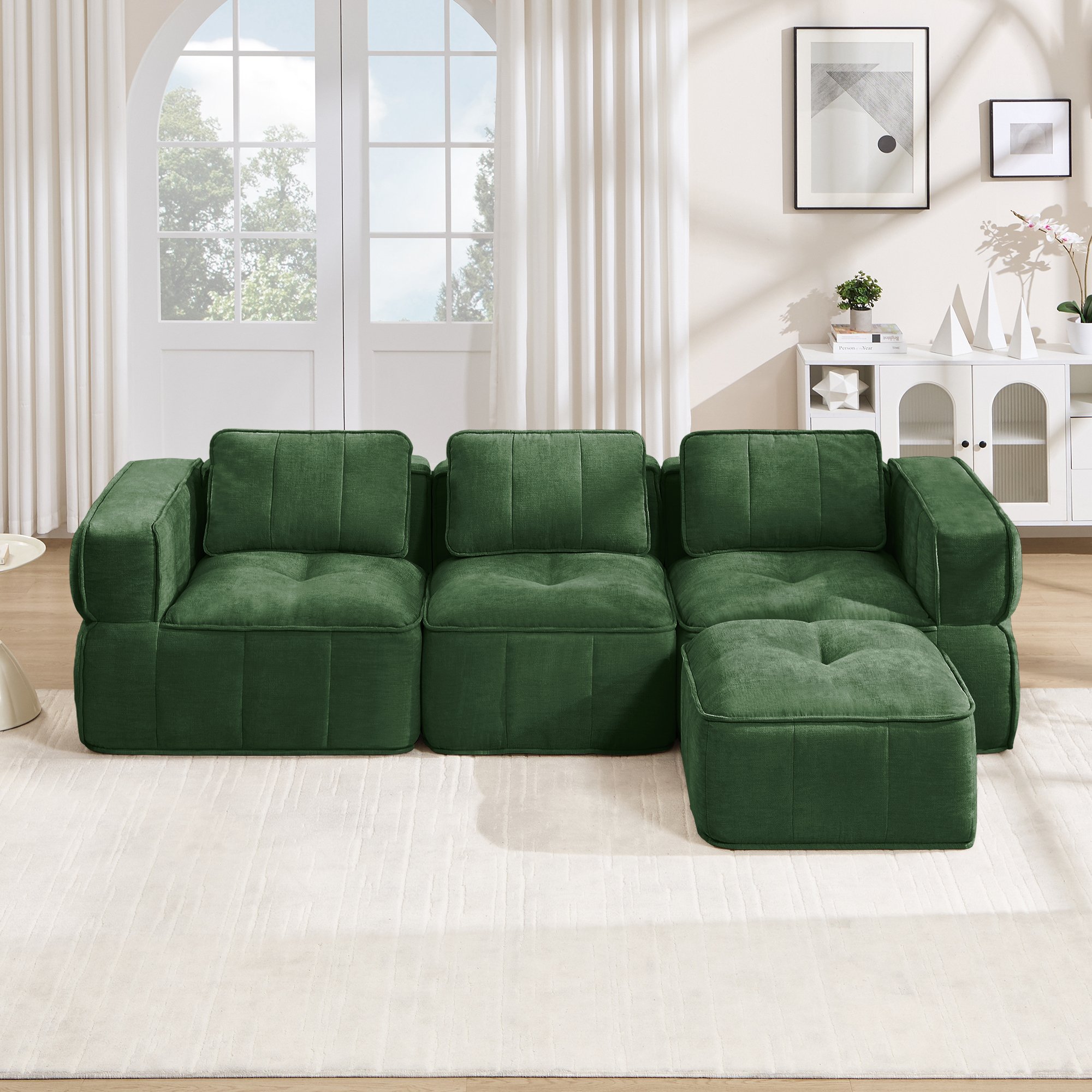 Canapé d'angle modulable 3 places vert en polyester sans cadre avec pouf, mousse haute densité 32D et assise profonde pour le salon