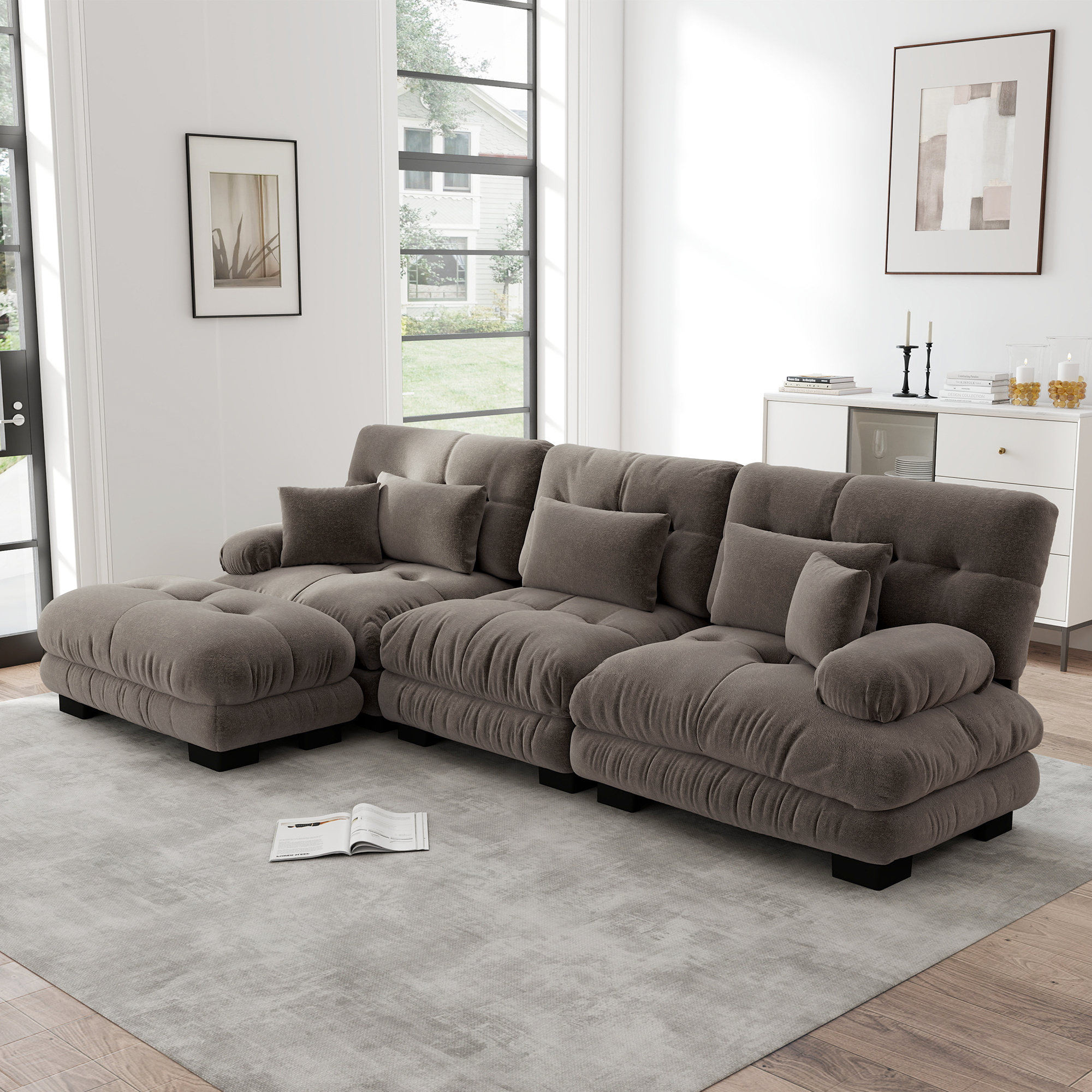 Canapé d'angle modulable en L 313x145cm, Canapé Salon Profond avec Ottoman, Tissu Chenille Marron, Design Contemporain