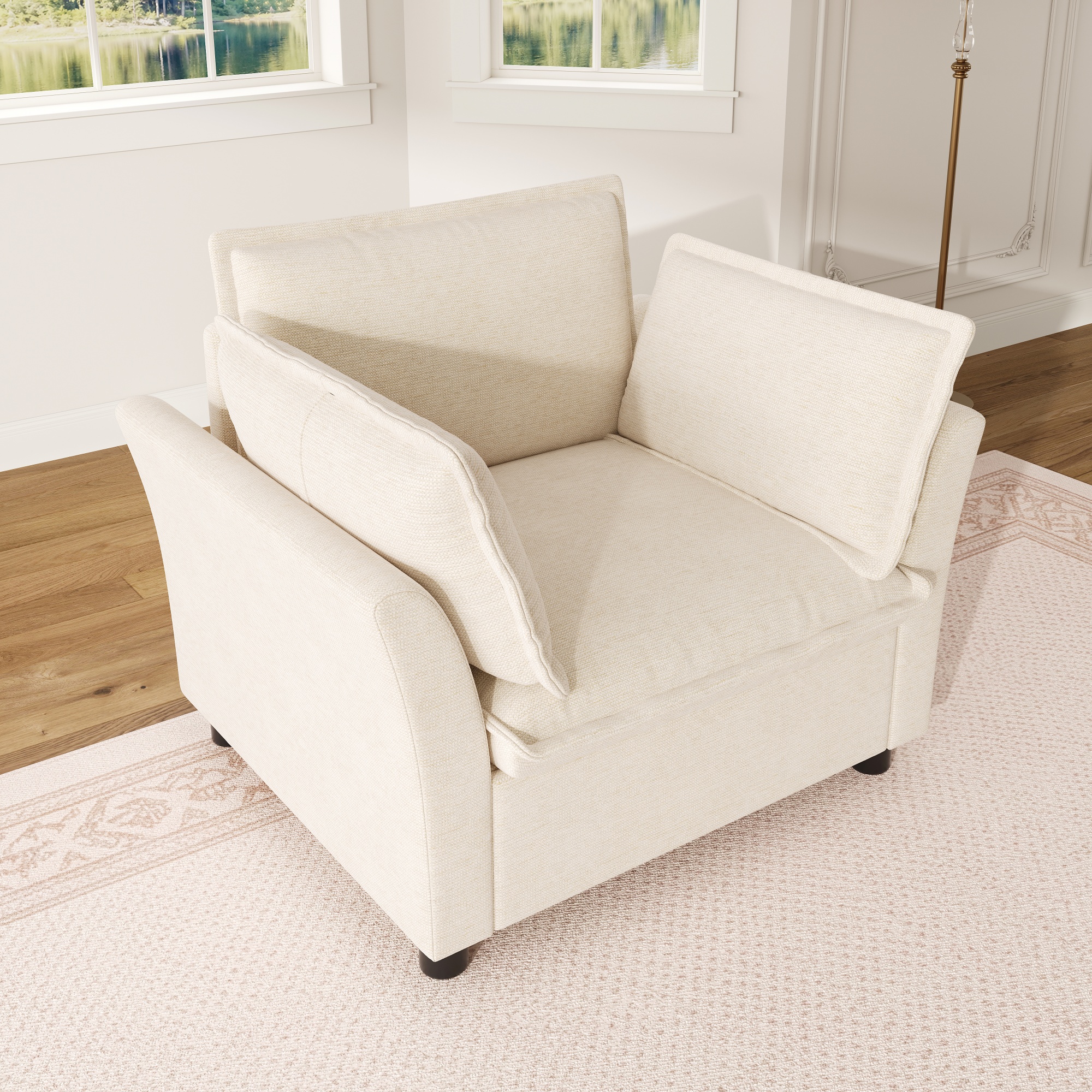 Canapé 1 place en tissu chenille beige, structure métal et bois massif avec coussins amovibles