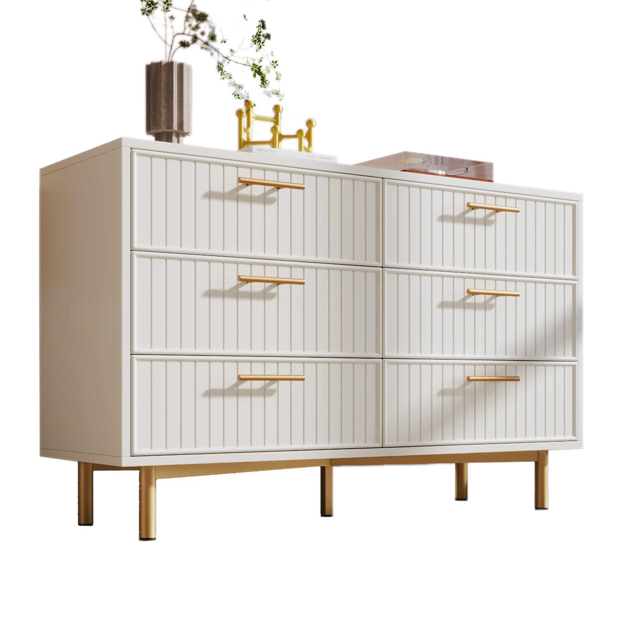 Buffet Blanc 6 Tiroirs Intérieur Crème Pieds Métal Dorés Design À Rainures Pour Chambre Et Salon Meuble Moderne 120x75 Cm