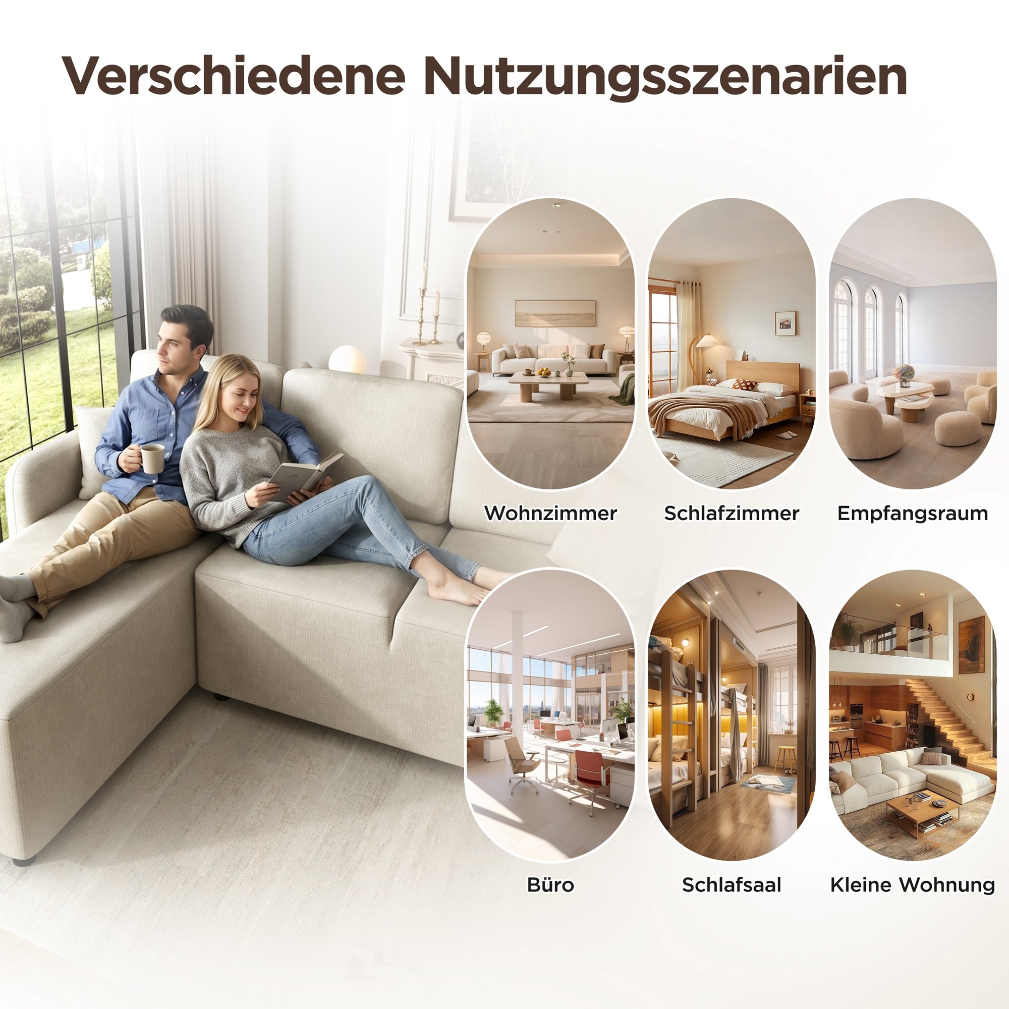 Canapé d'angle 3 places en tissu chenille beige clair avec méridienne de 144 cm, assise ferme mousse haute densité et structure bois massif pour petit salon ou studio