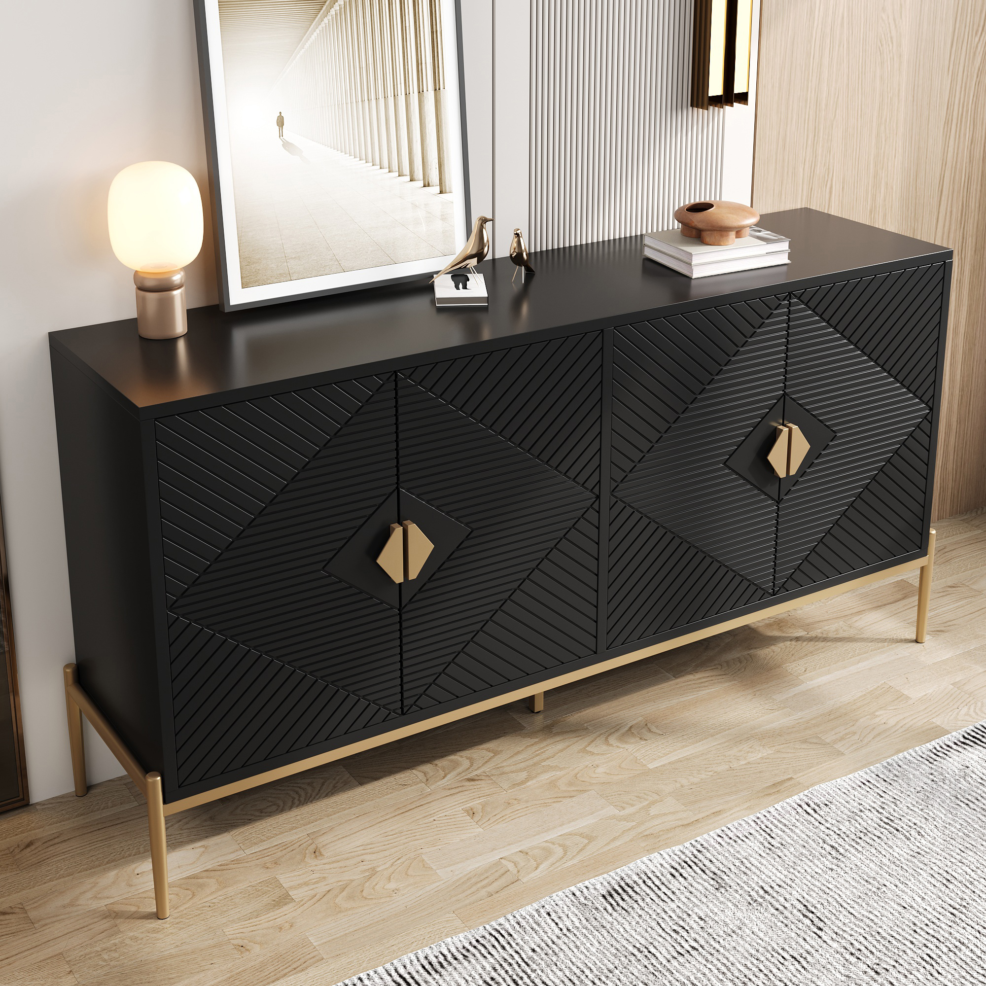 Buffet Noir Design Géométrique Contemporain, Meuble Rangement Entrée 162x40x80 cm avec 4 Portes et Poignées Dorées