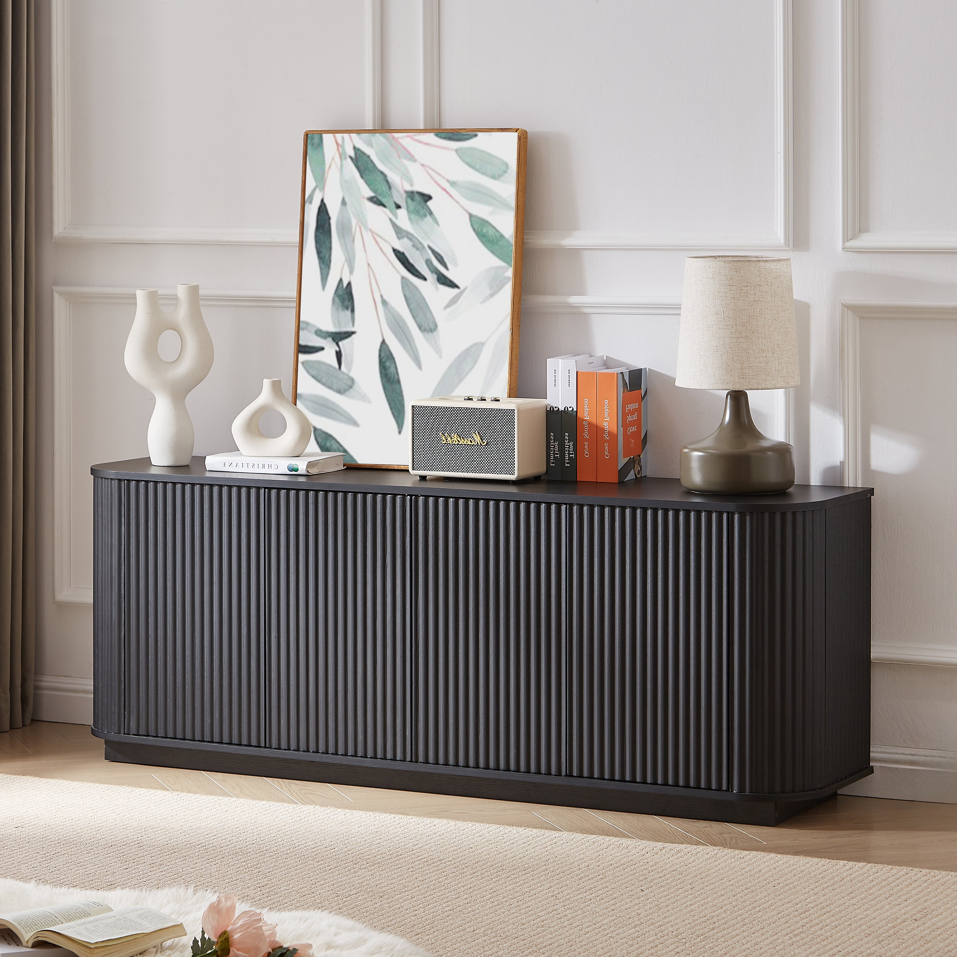 Meuble TV Panneau composite de fibres de bois à densité Noir 162x38x61 cm, Structure Solide avec Pieds Réglables, Design Ondulé à 4 Portes Sans Poignées pour Salon