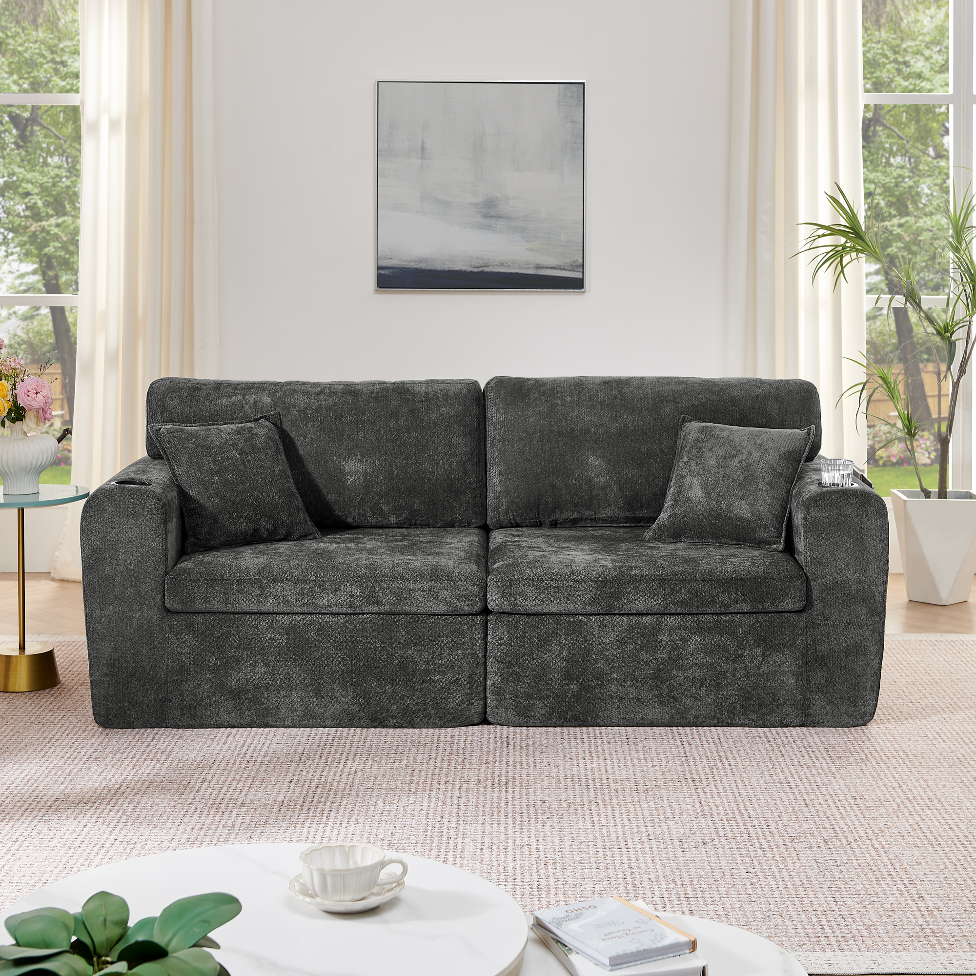 Petit canapé droit 2 places en tissu Chenille noir avec rangement latéral et port USB, siège relaxant lecture salon moderne