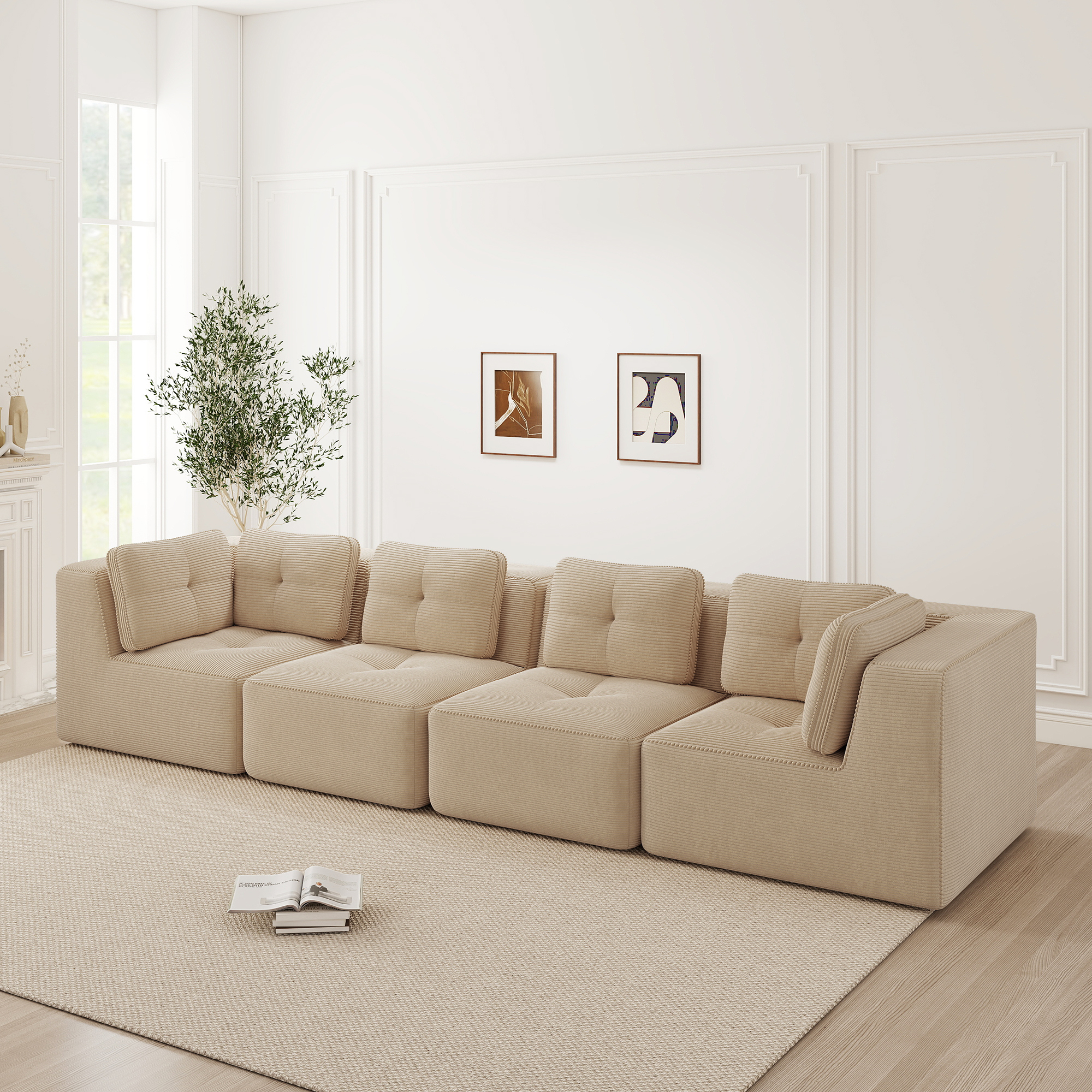 Canapé d'angle modulable 4 places, canapé d'angle beige en velours côtelé avec pieds antidérapants et structure stable