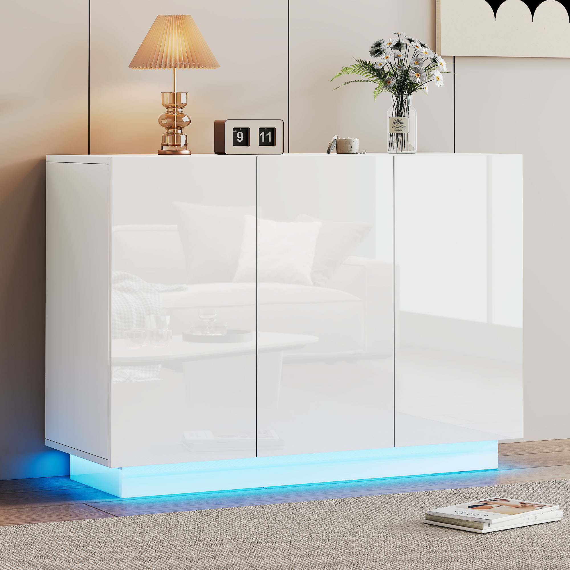 Buffet Bas Blanc 120x40x75 cm - Meuble Rangement Cuisine avec 3 Portes Haut Gloss et Étagères Intérieures