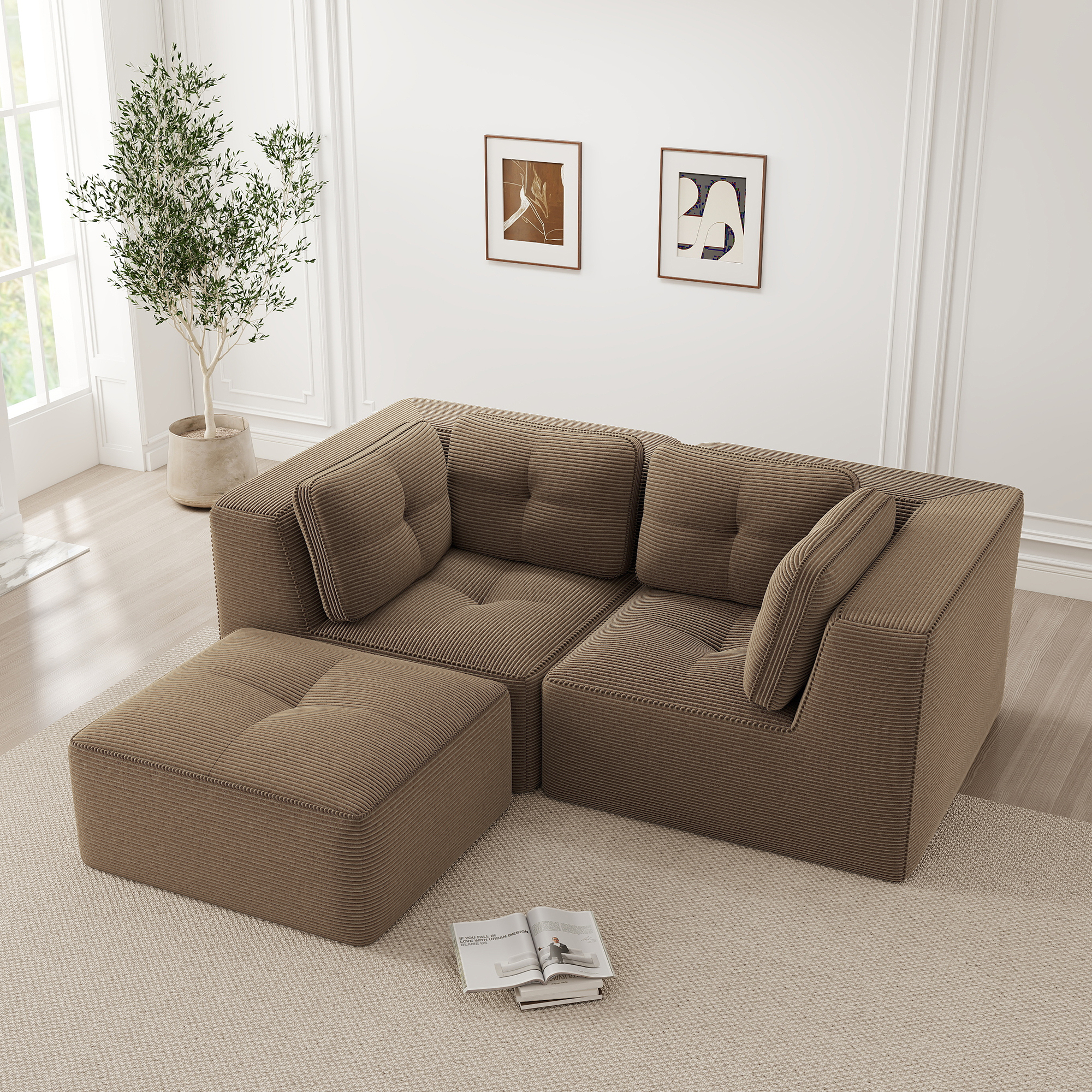 Canapé d'angle modulable avec repose-pieds mobile et design sans dossier, facile à assembler et adapté aux petits espaces