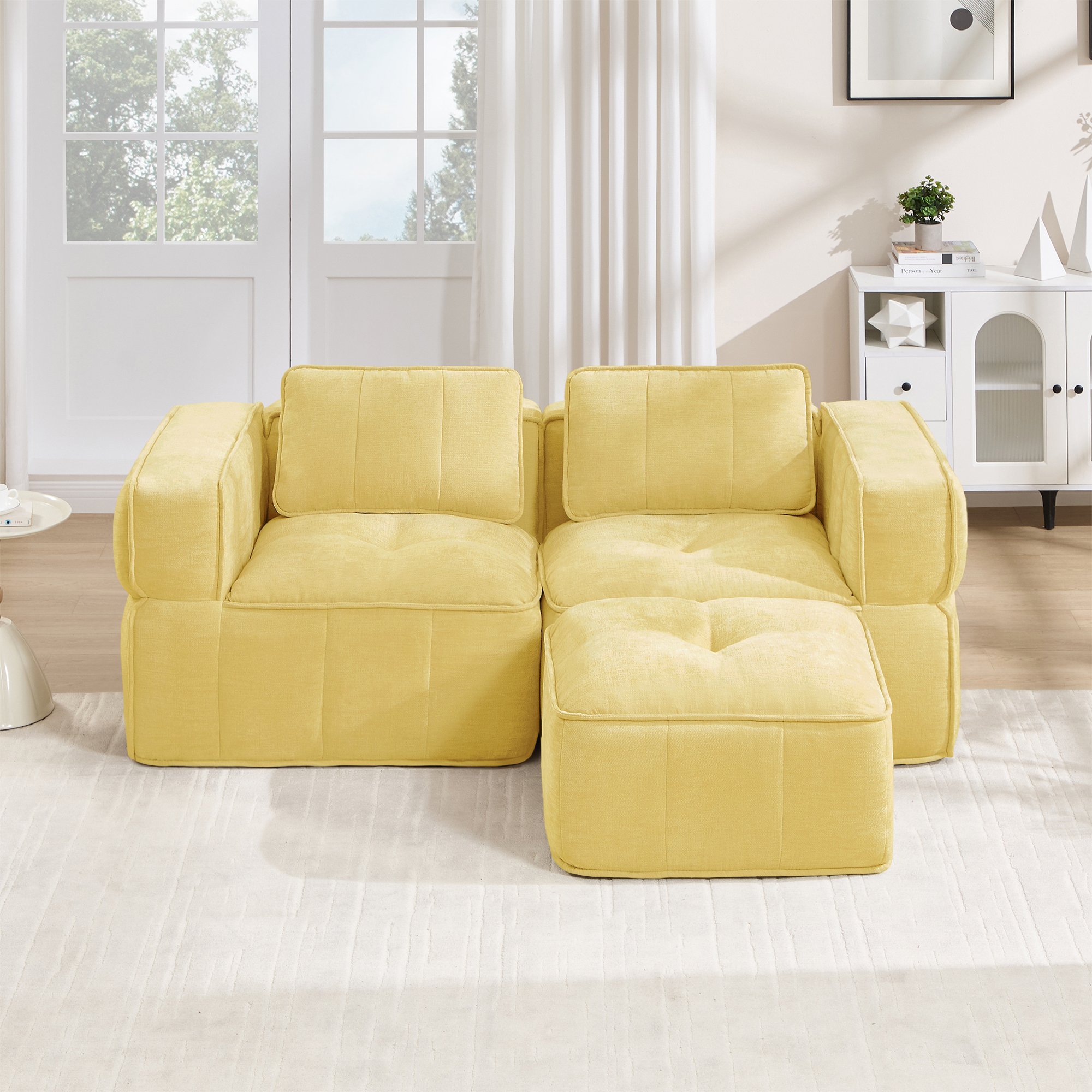 Canapé d'angle 198x162 cm jaune, 2 places avec ottoman, poids total 42,8 kg, capacité de charge 550 kg, livraison en 3 colis séparés