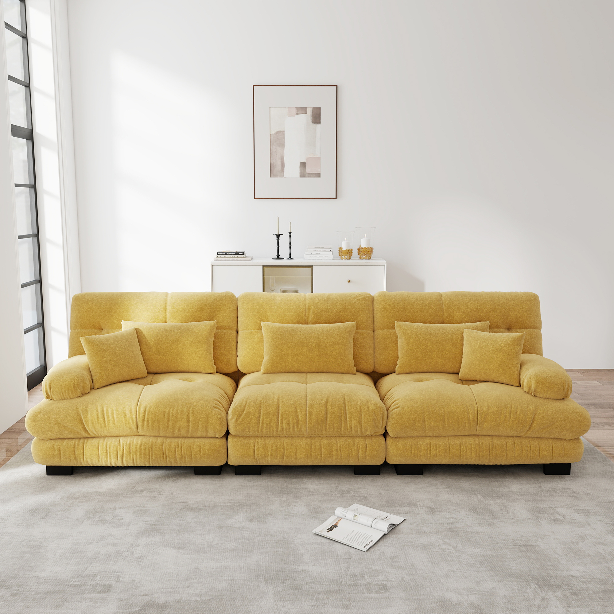 Canapé modulable 3 places avec assise profonde et dossier ergonomique, tissu Chenille jaune pour salon moderne et confortable