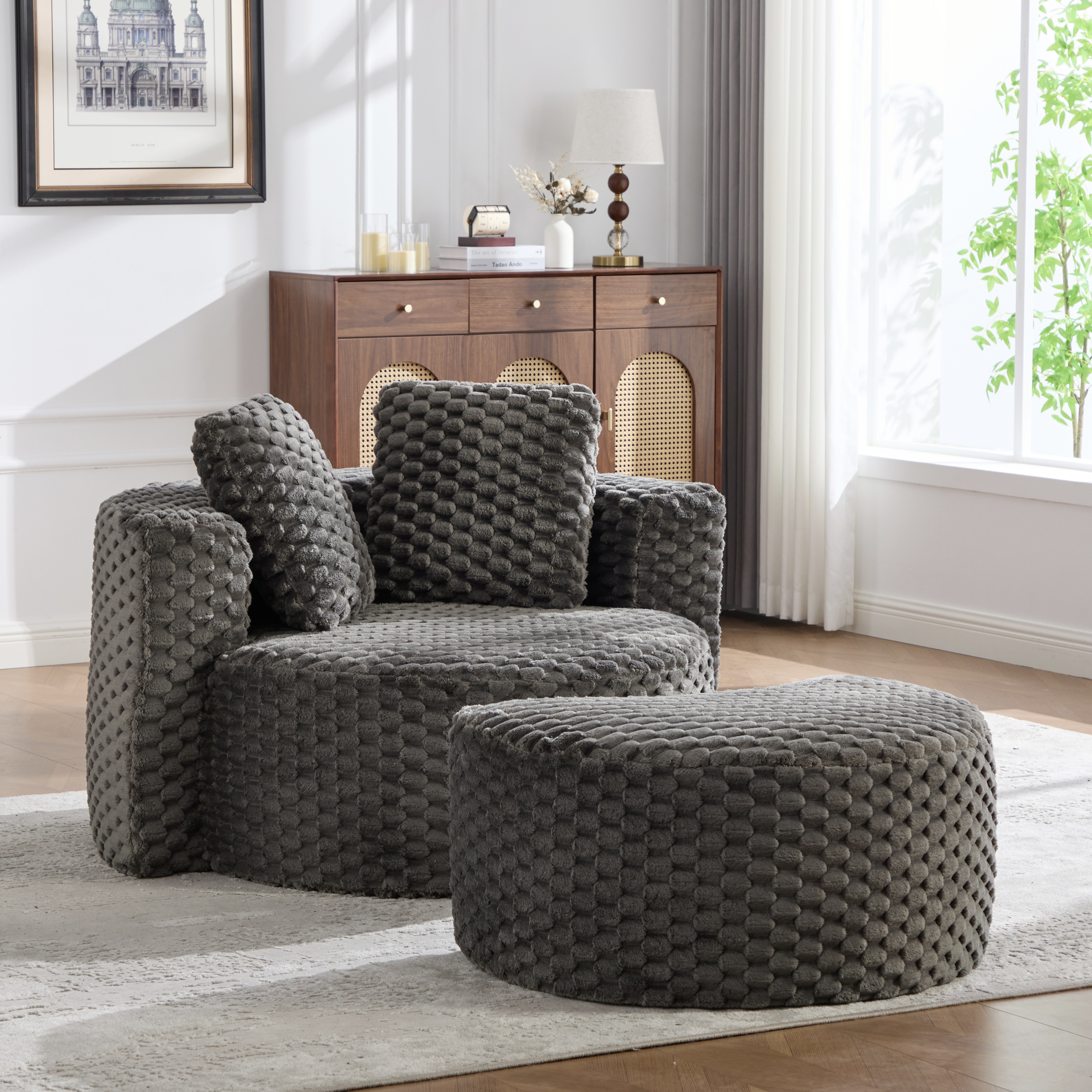 Fauteuil Individuel Gris Foncé Avec Repose-Pieds, Design Courbe Moderne Tissu Confortable Pour Salon Ou Chambre, Livraison Compressée Sans Montage