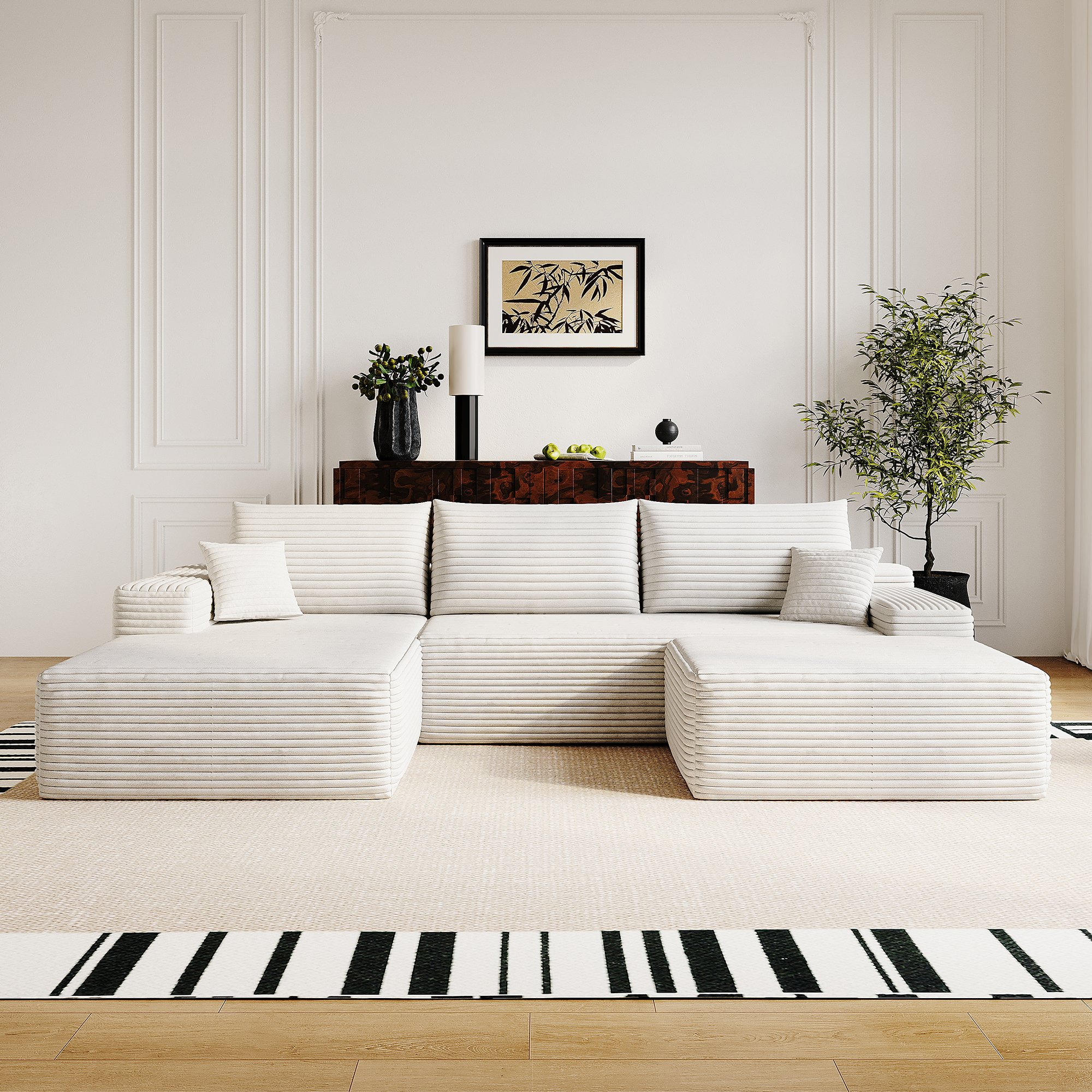 Canapé d'angle blanc 270x175cm en velours côtelé, structure modulaire avec chaise longue et assise profonde, sans assemblage requis