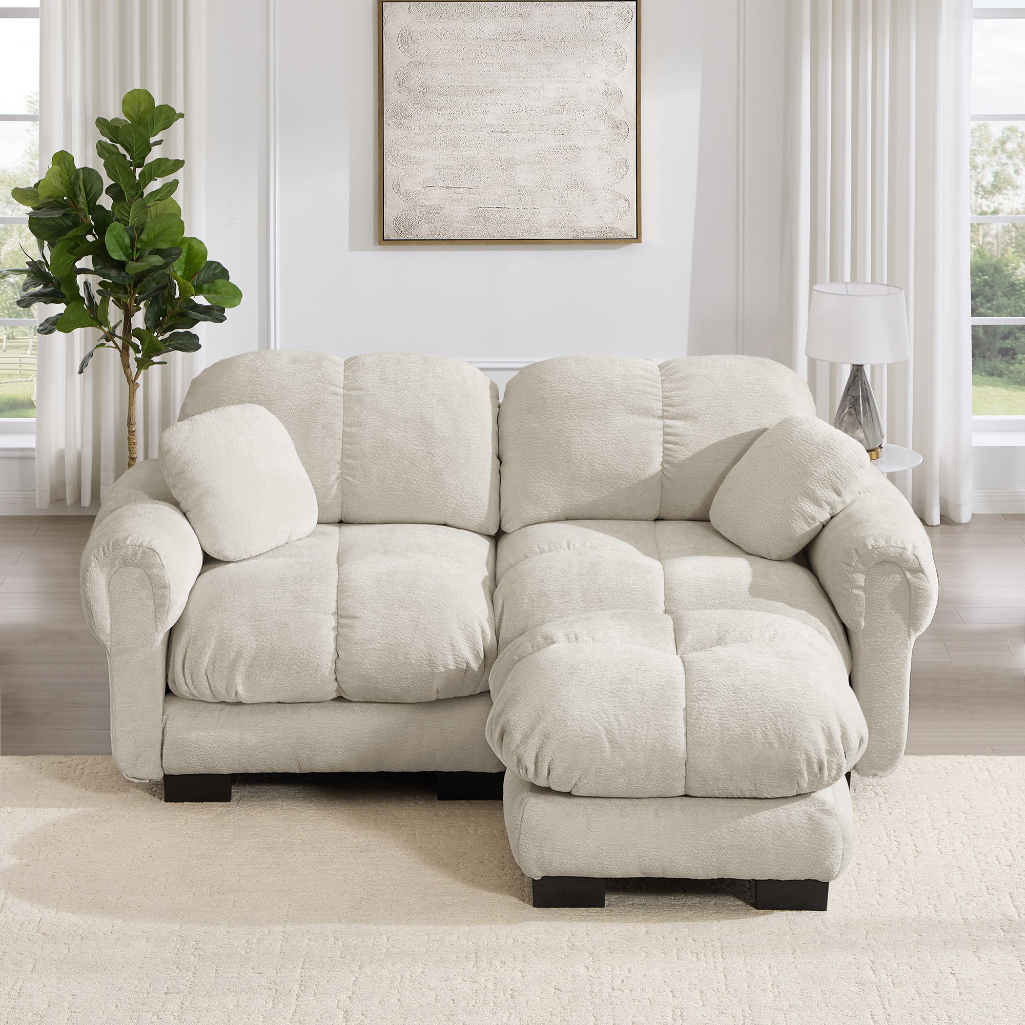 Canapé d'angle modulable 2 places couleur kaki clair en chenille, avec pouf ottoman détachable et coussin lombaire inclus