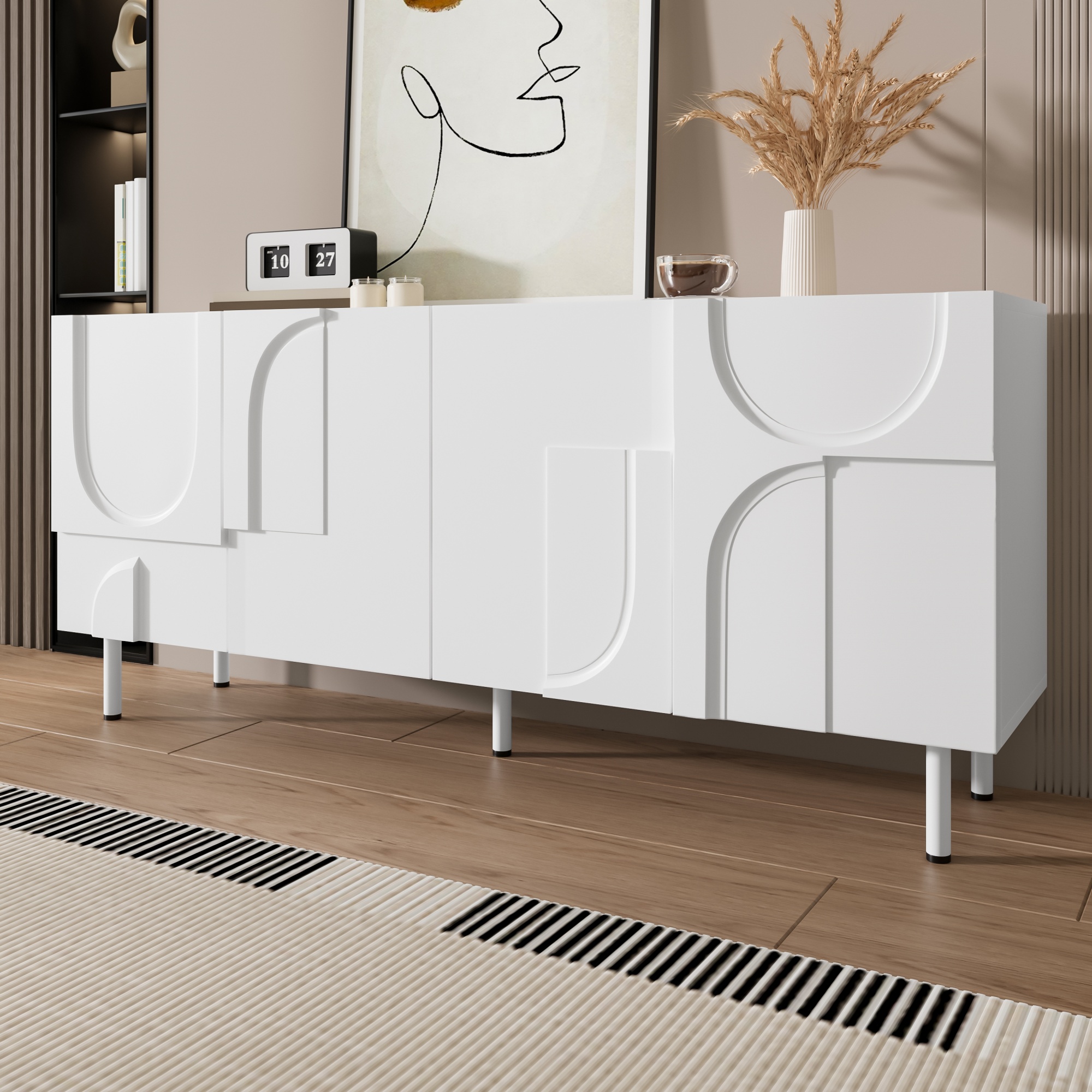 Buffet Blanc Design Géométrique 160x70 cm Meuble Rangement Cuisine Panneau composite de fibres de bois à densité Portes Silencieuses