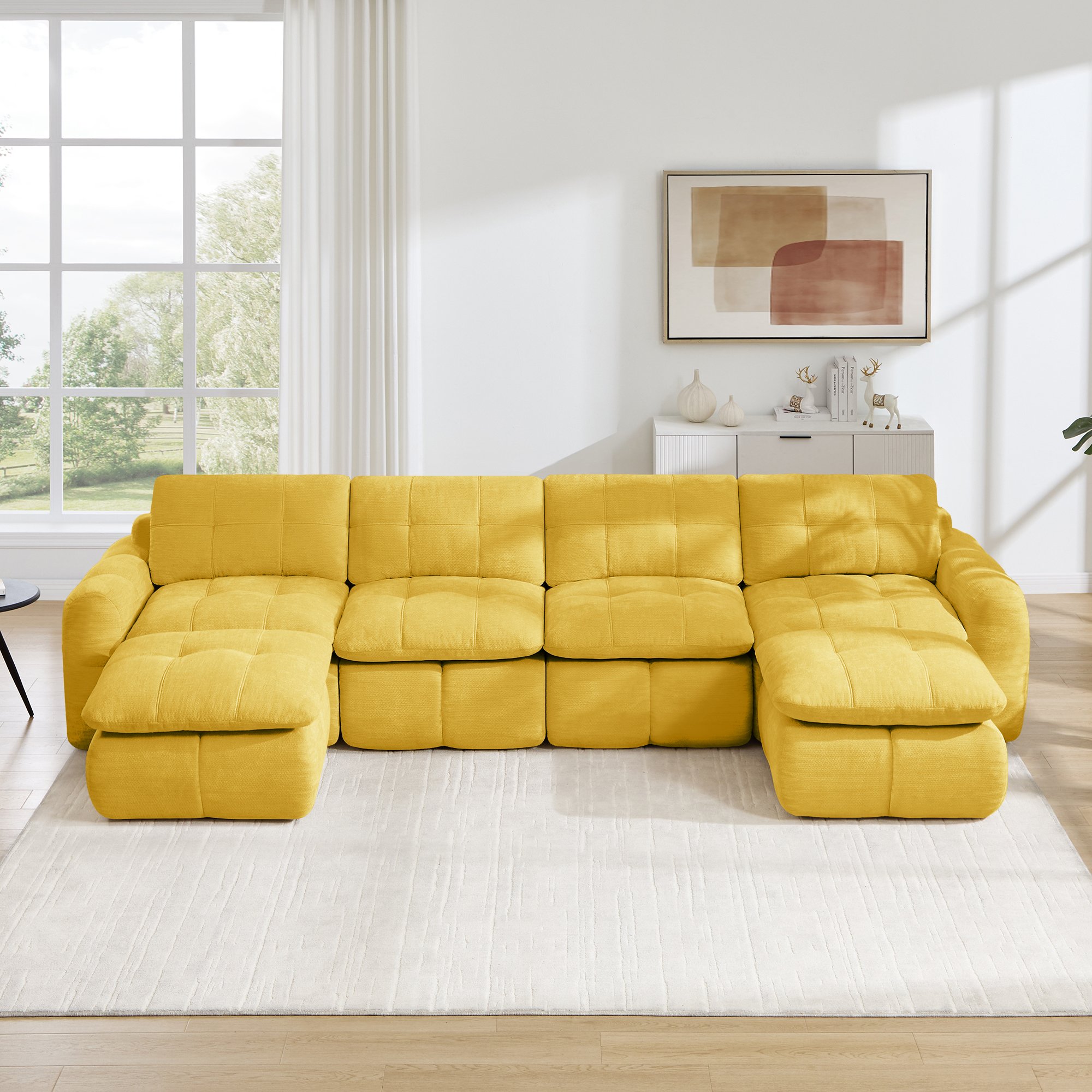 Grand Canapé d'Angle 334x160x68cm, 4 Places avec Ottomans, Charge Max 1100kg, Poids 76,6kg, Livraison en 6 Colis, Style Contemporain