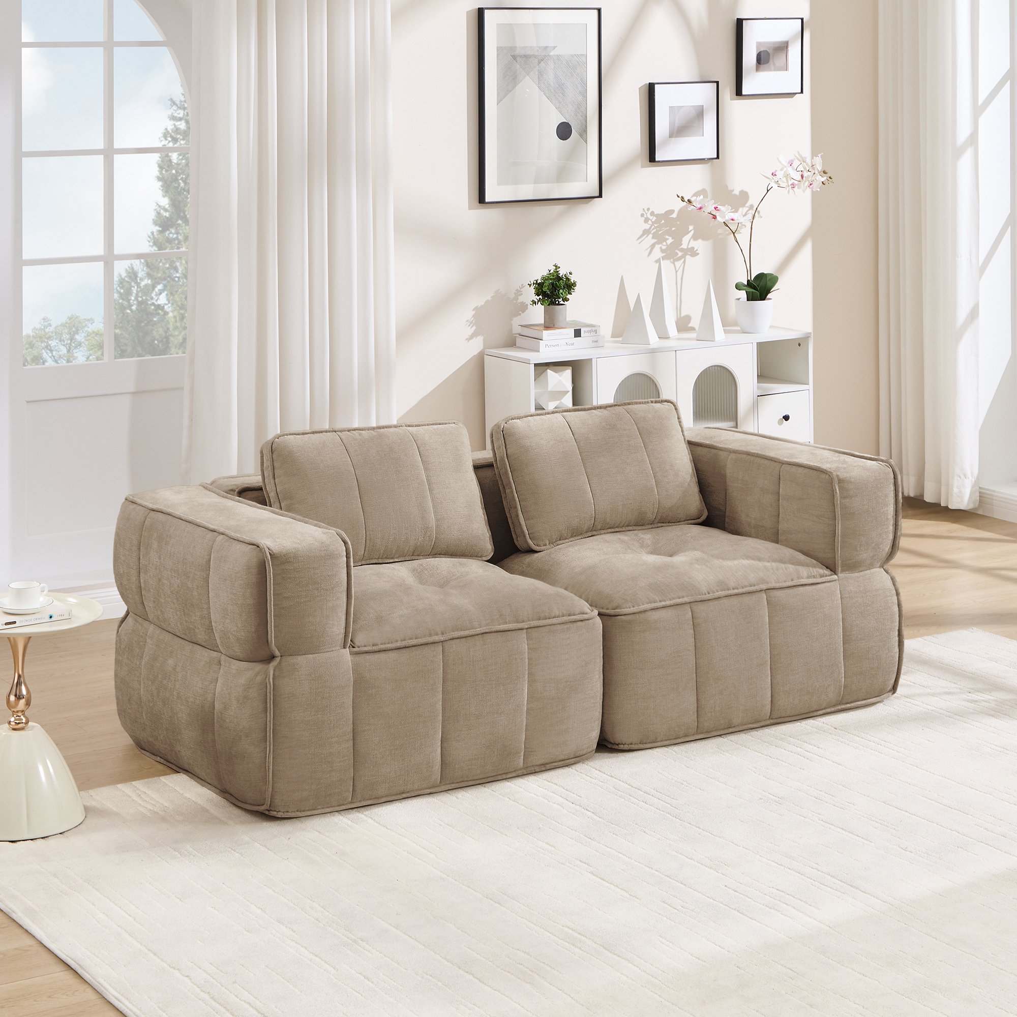 Canapé 2 places modulable sans assemblage, mousse 32D haute résilience, tissu polyester anti-abrasion, style contemporain sable