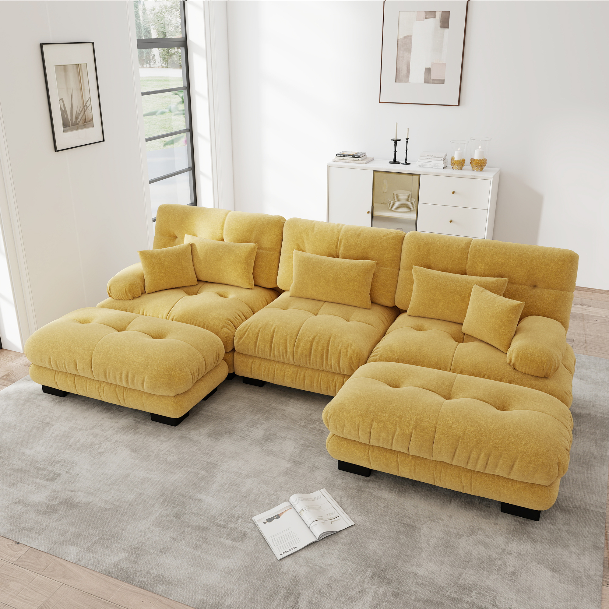 Canapé Modulable D'angle En U Avec Ottoman, Canapé Salon Contemporain En Chenille Jaune, Grand Format 313x145 Cm