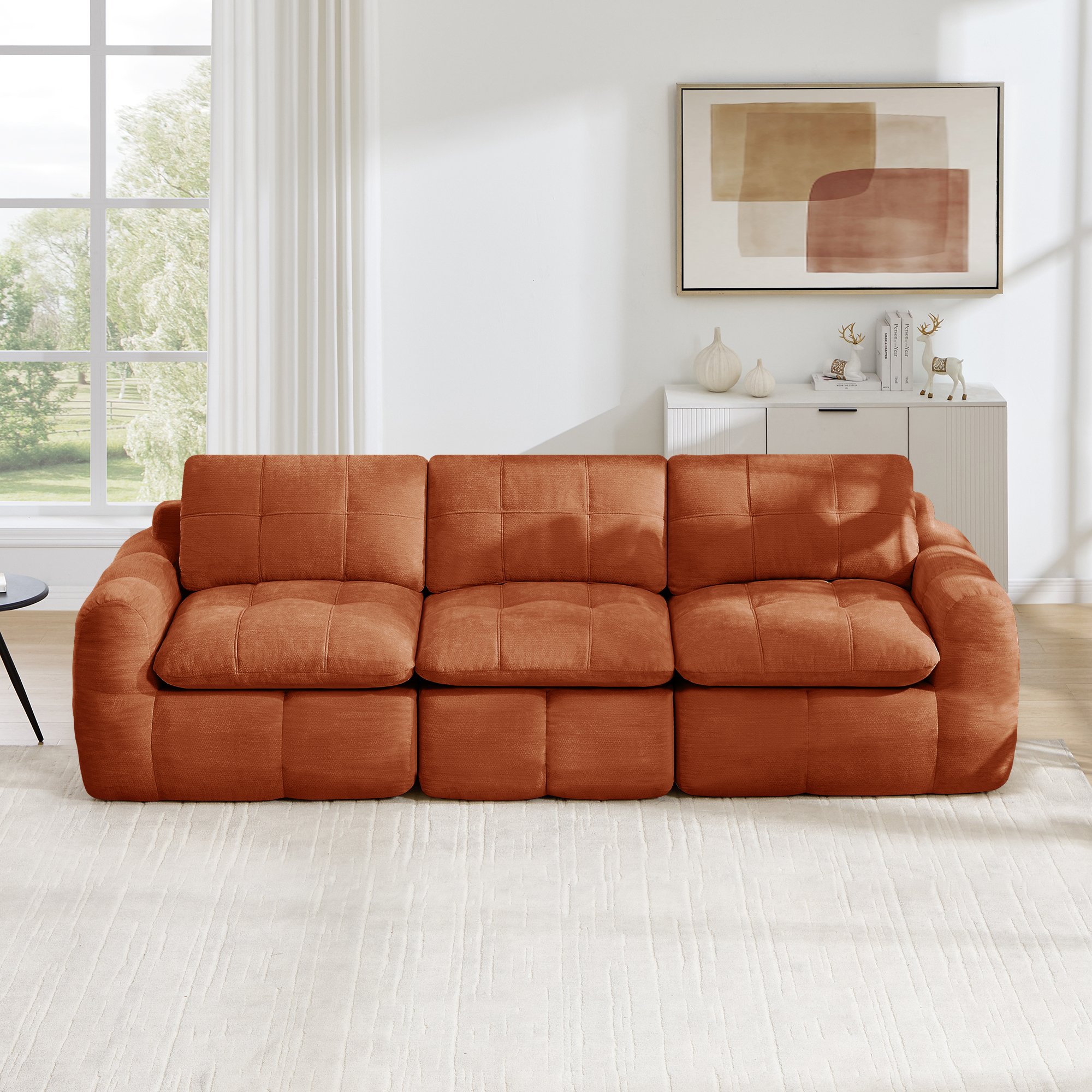Canapé 3 places 264x97x68 cm chenille orange, design modulaire sans cadre, capacité de charge 600 kg, livraison en 3 colis sous vide