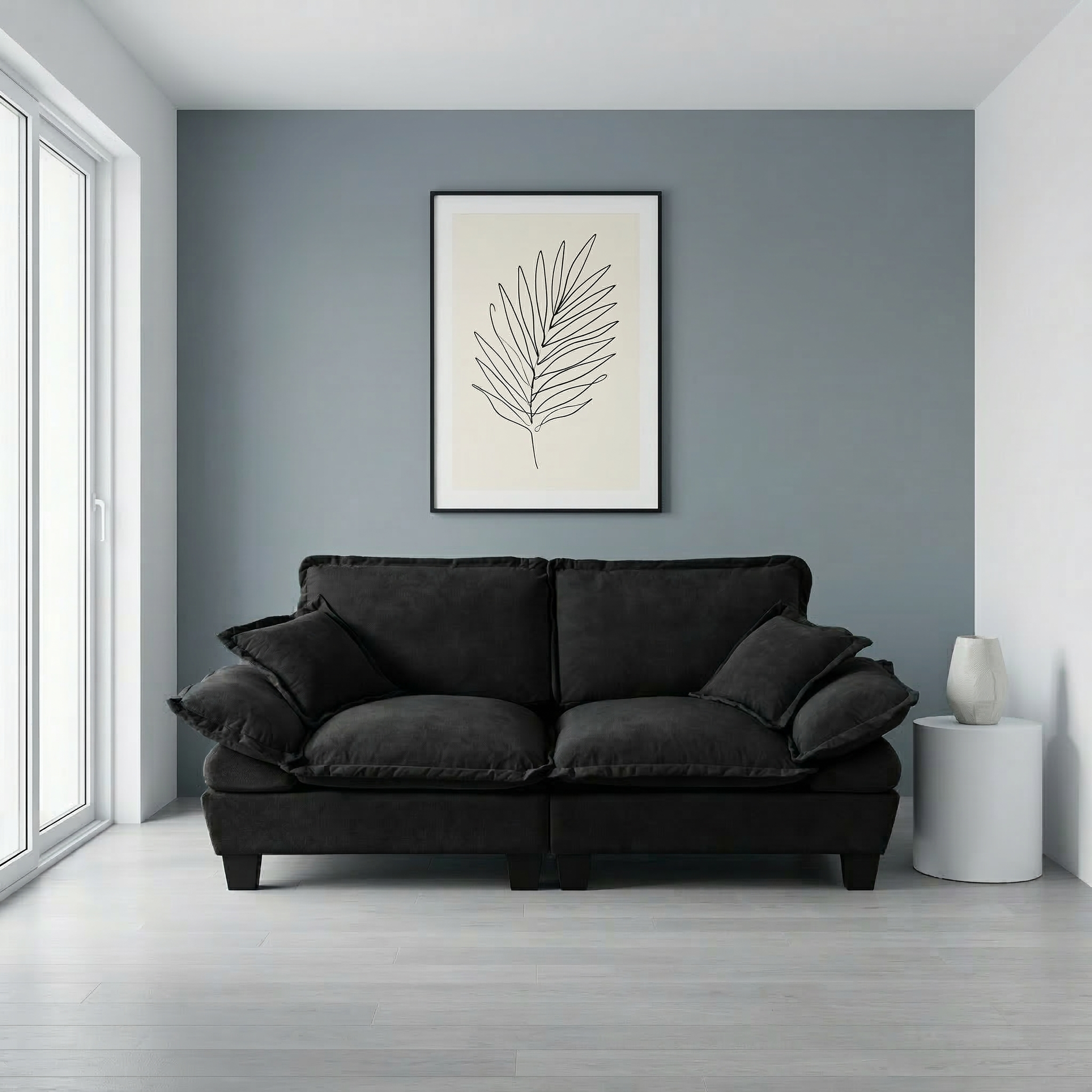 Canapé Droit 2 Places en Tissu Chenille Noir, Canapé Segmenté Moderne avec Accoudoirs Courbés pour Salon Contemporain