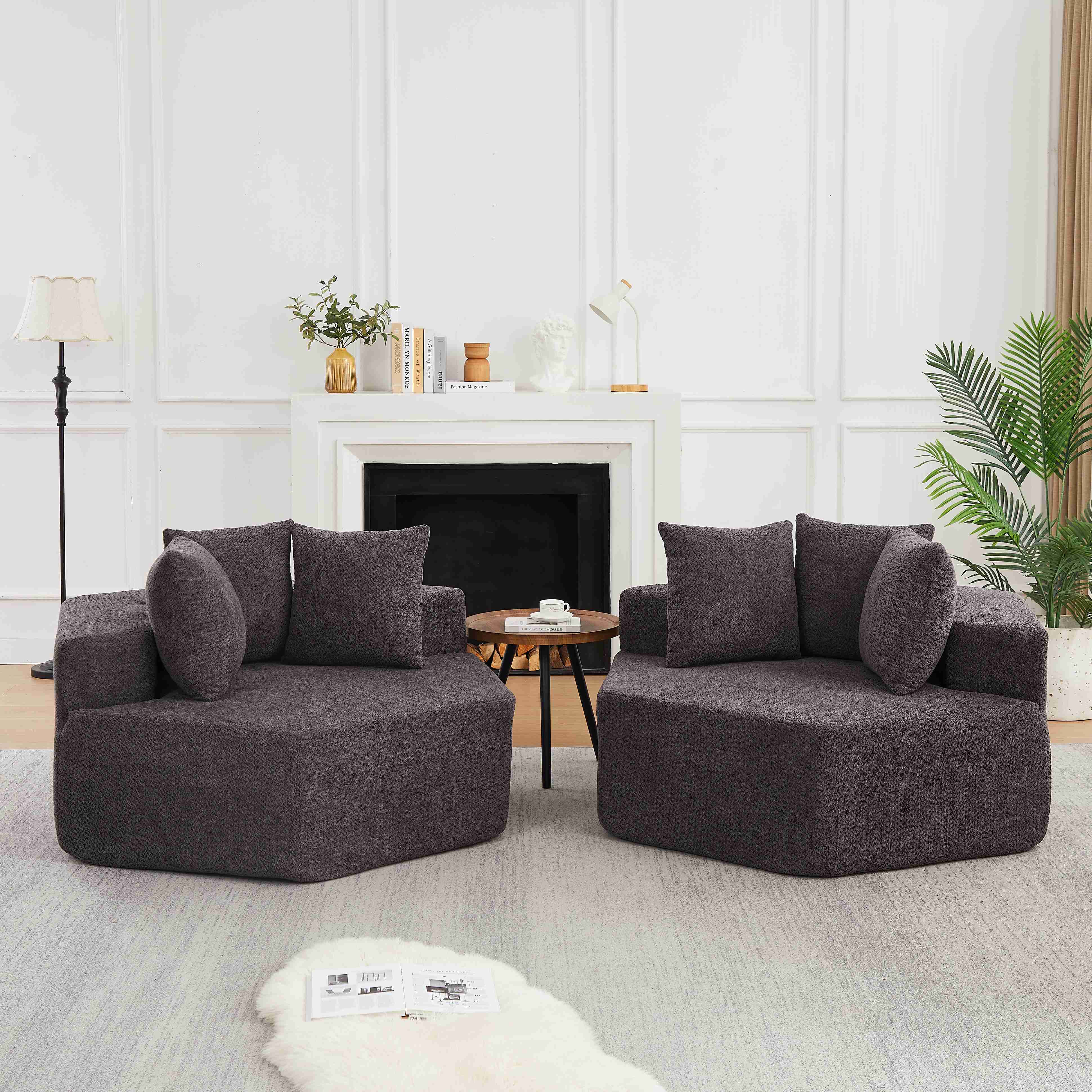 Fauteuil hexagonal gris en tissu chenille, module de canapé une place avec coussins et structure à ressorts pour salon moderne