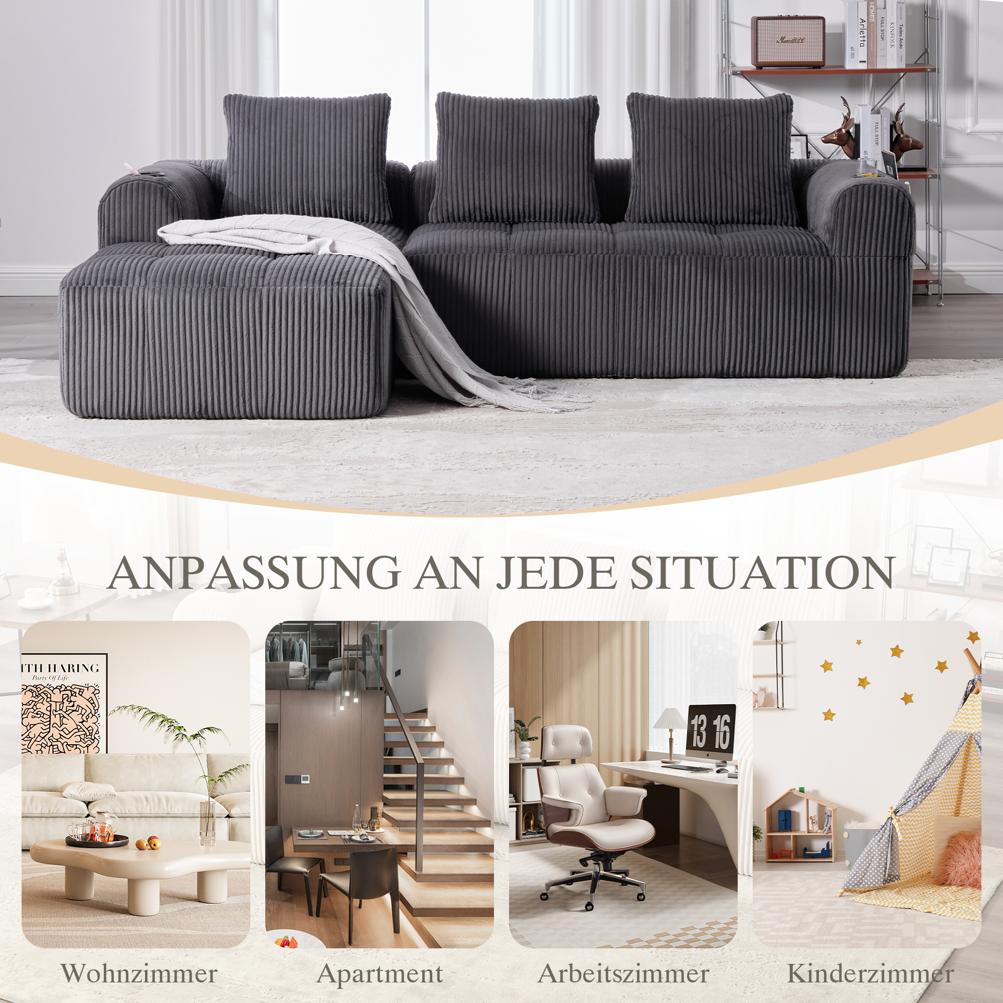 Canapé modulable compact en velours côtelé gris foncé avec poches latérales, porte-gobelets et 3 coussins