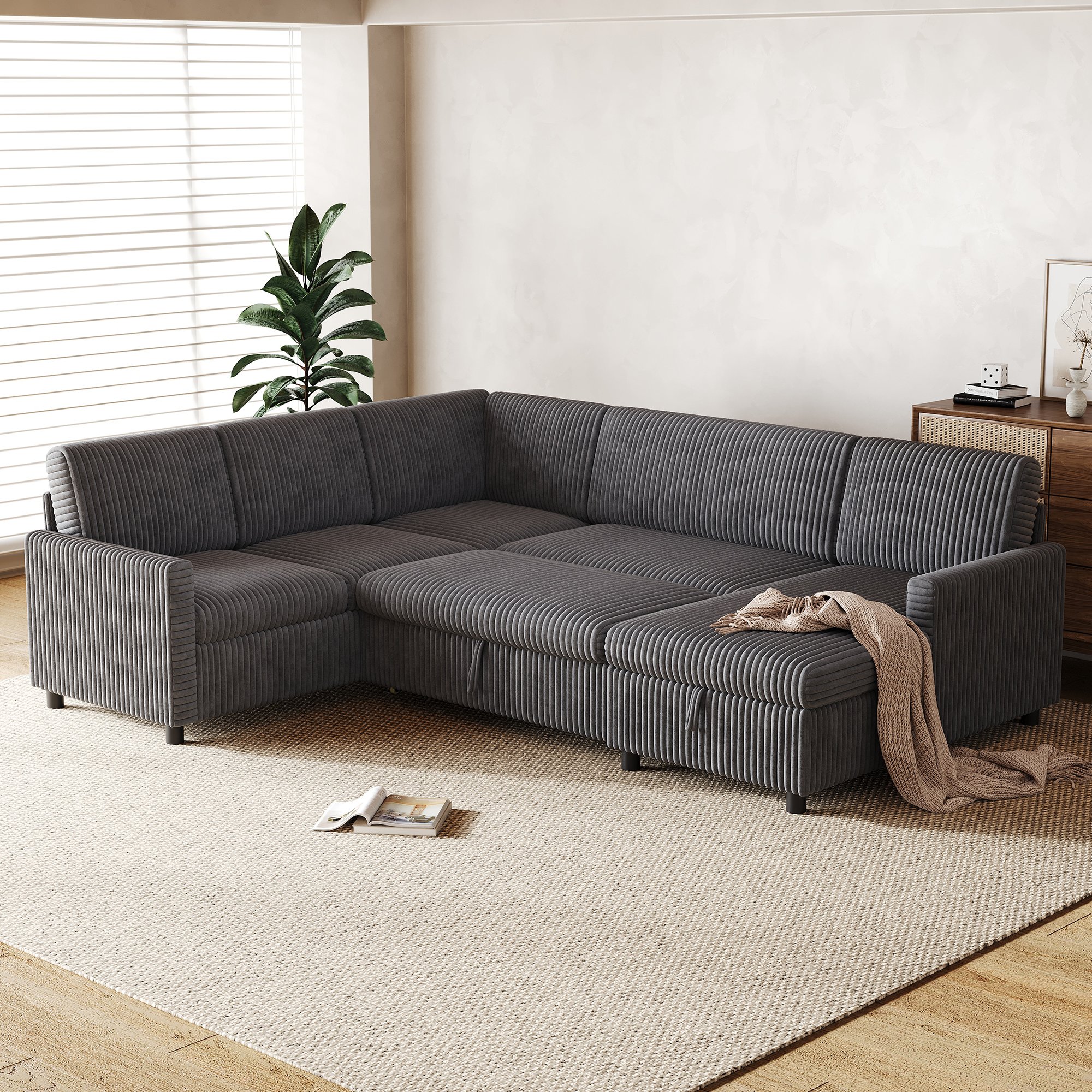Canapé d'angle convertible 5 places 274x220x85 cm en cordonnet gris avec méridienne et coffre intégré