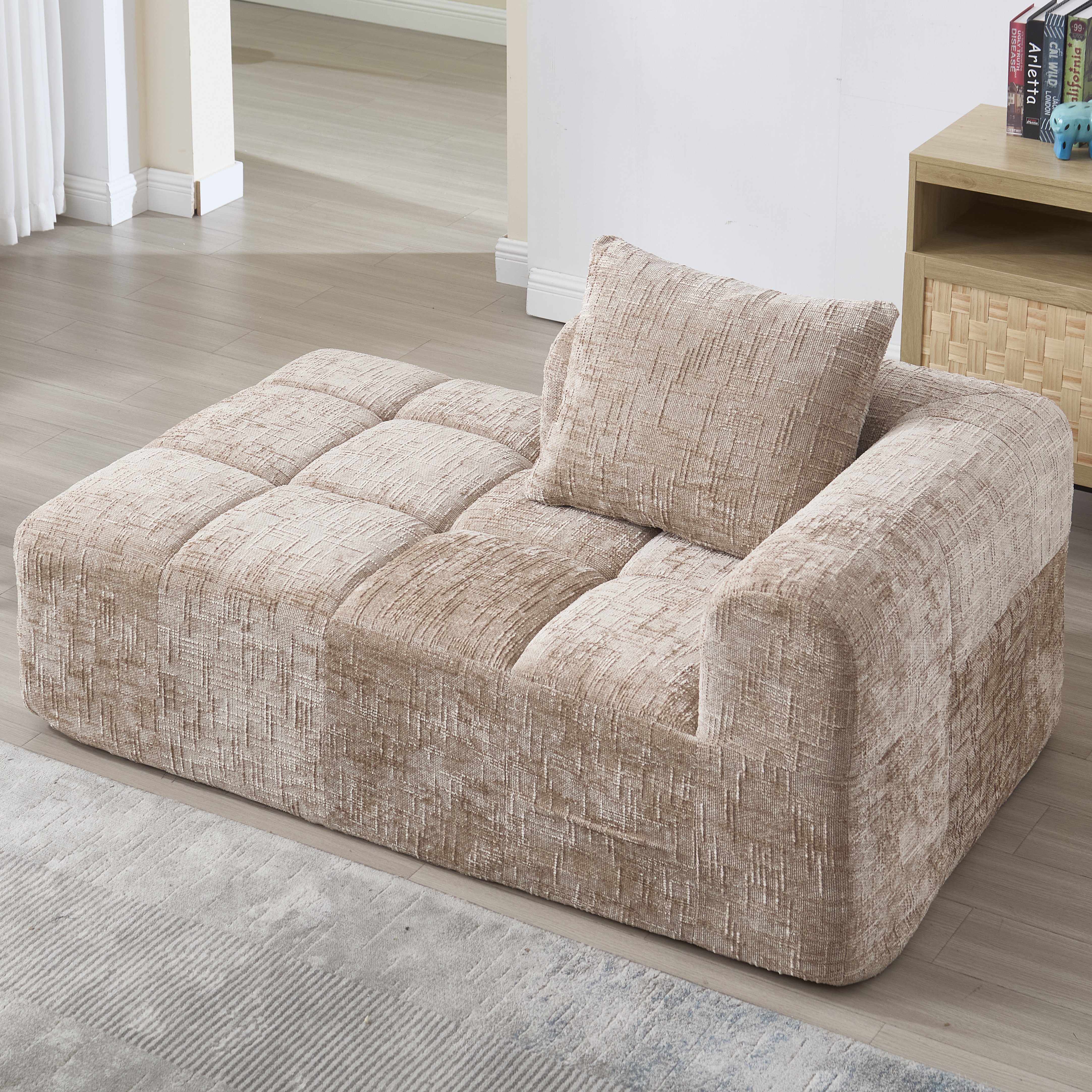 Canapé méridienne confortable en chenille kaki pour salon, avec coussin et rangement latéral