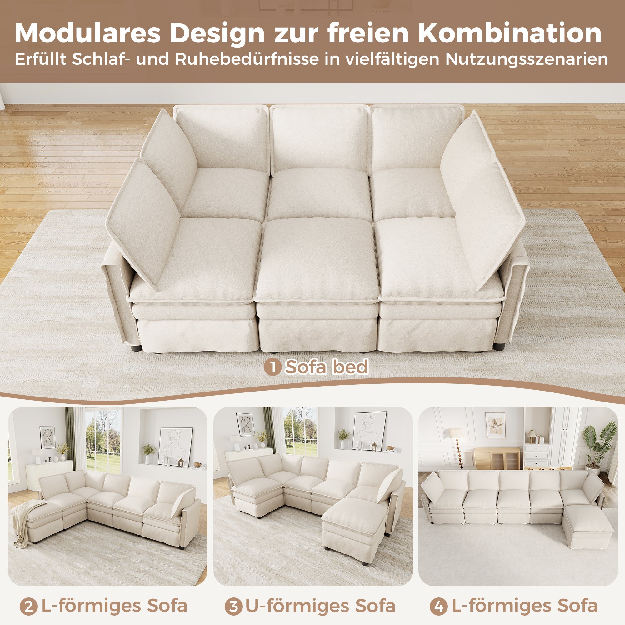 Ensemble canapé modulable chenille beige avec pouf amovible, design moderne sans accoudoirs fixes, salon bureau
