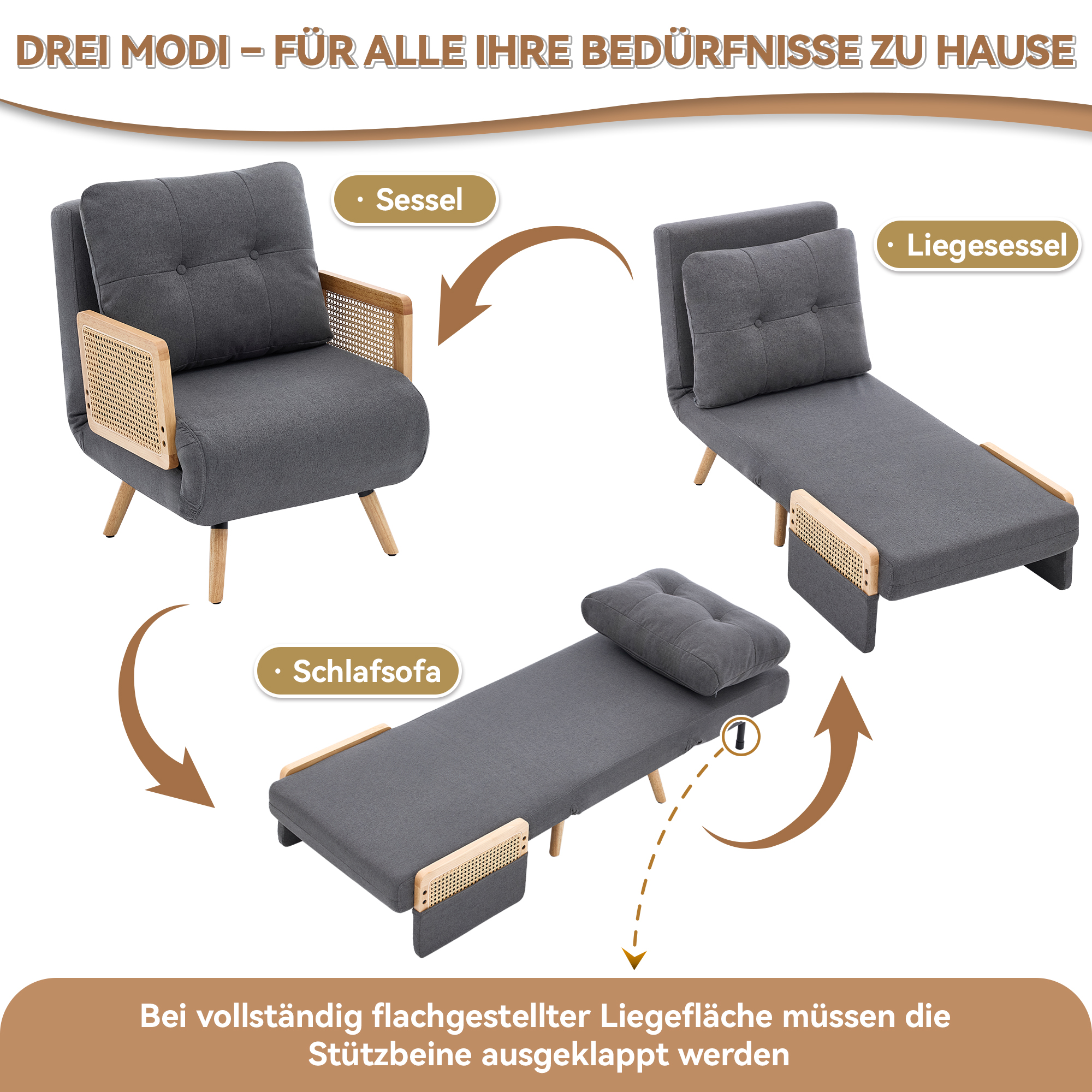 Fauteuil convertible 3 en 1 avec dossier 5 positions et fonction lit d'appoint pour invités