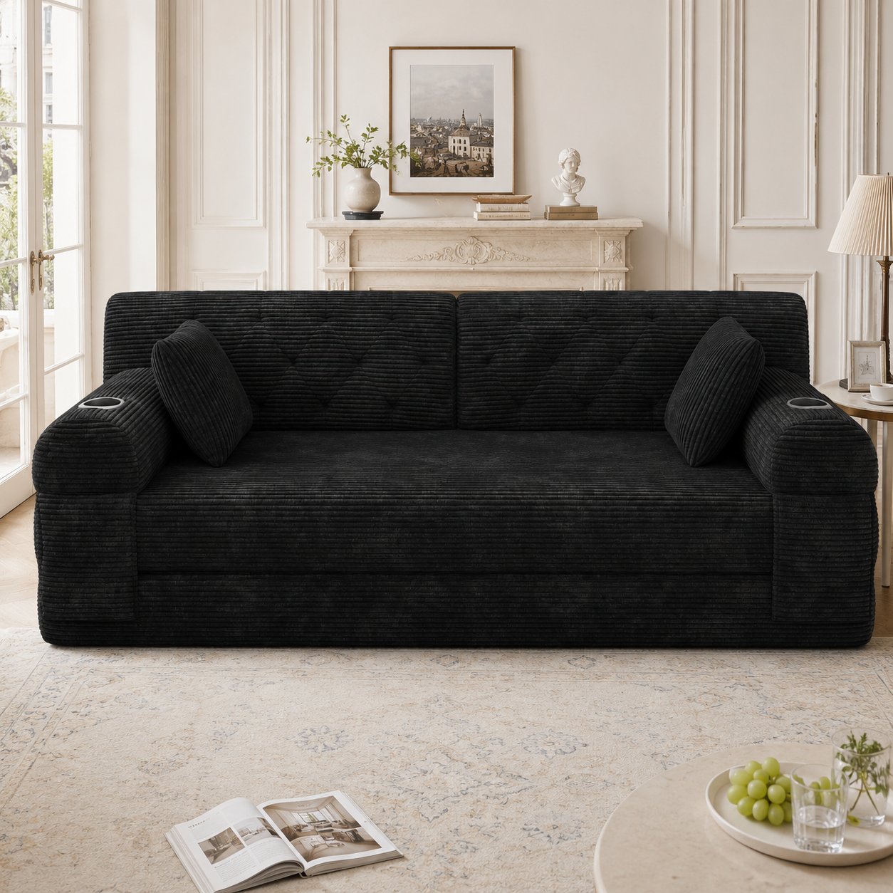 Canapé-lit corduroy noir avec cadre en métal, rembourrage mousse haute densité, design capitonné, 208x80x81 cm, prêt à l'emploi