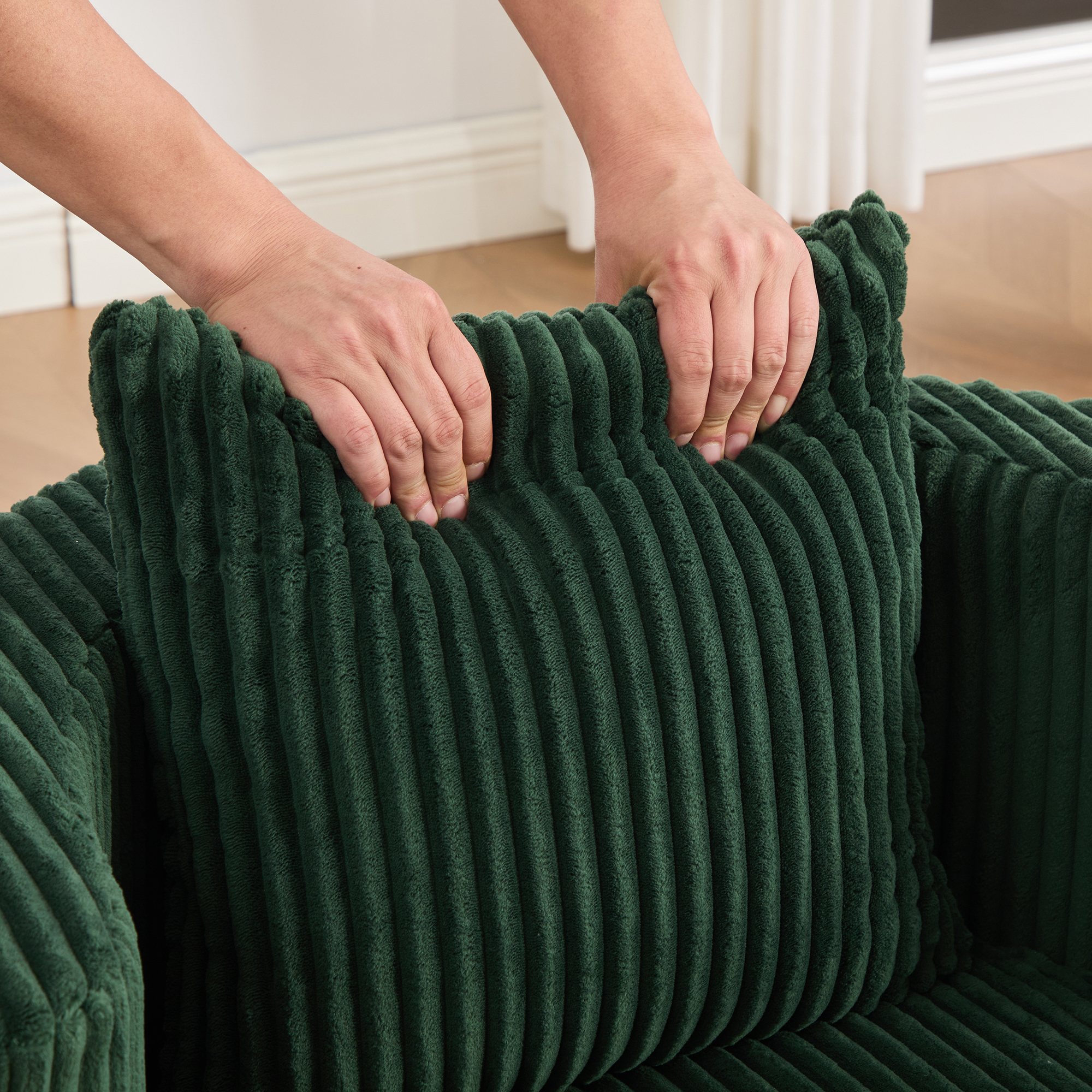 Canapé fauteuil en velours côtelé vert émeraude avec mousse haute densité et rangement intégré