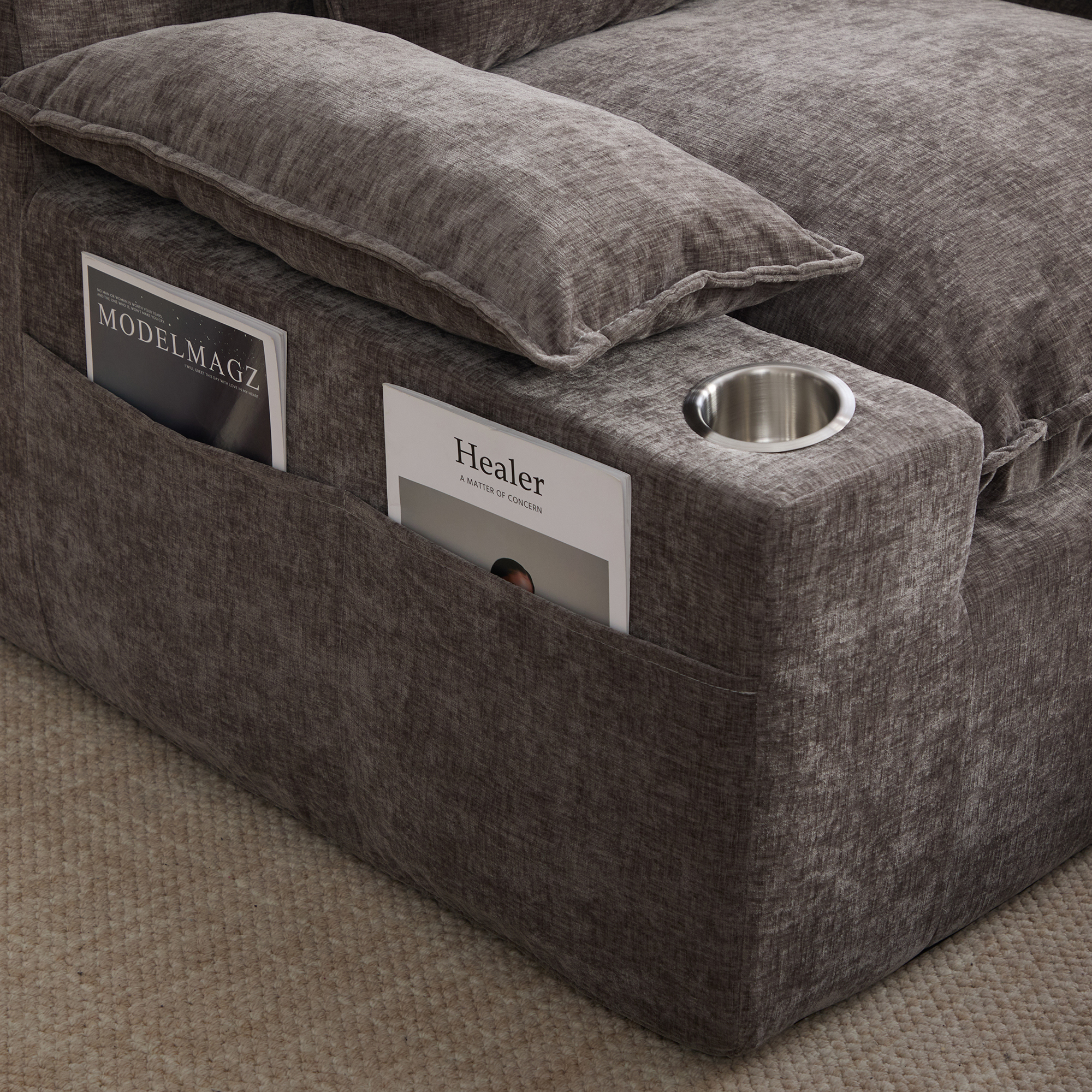 Méridienne Relax en Tissu Chenille Gris, Fauteuil Inclinable avec Repose-Pieds et Coussins, Porte-Gobelet Intégré, Sans Montage pour Salon Moderne