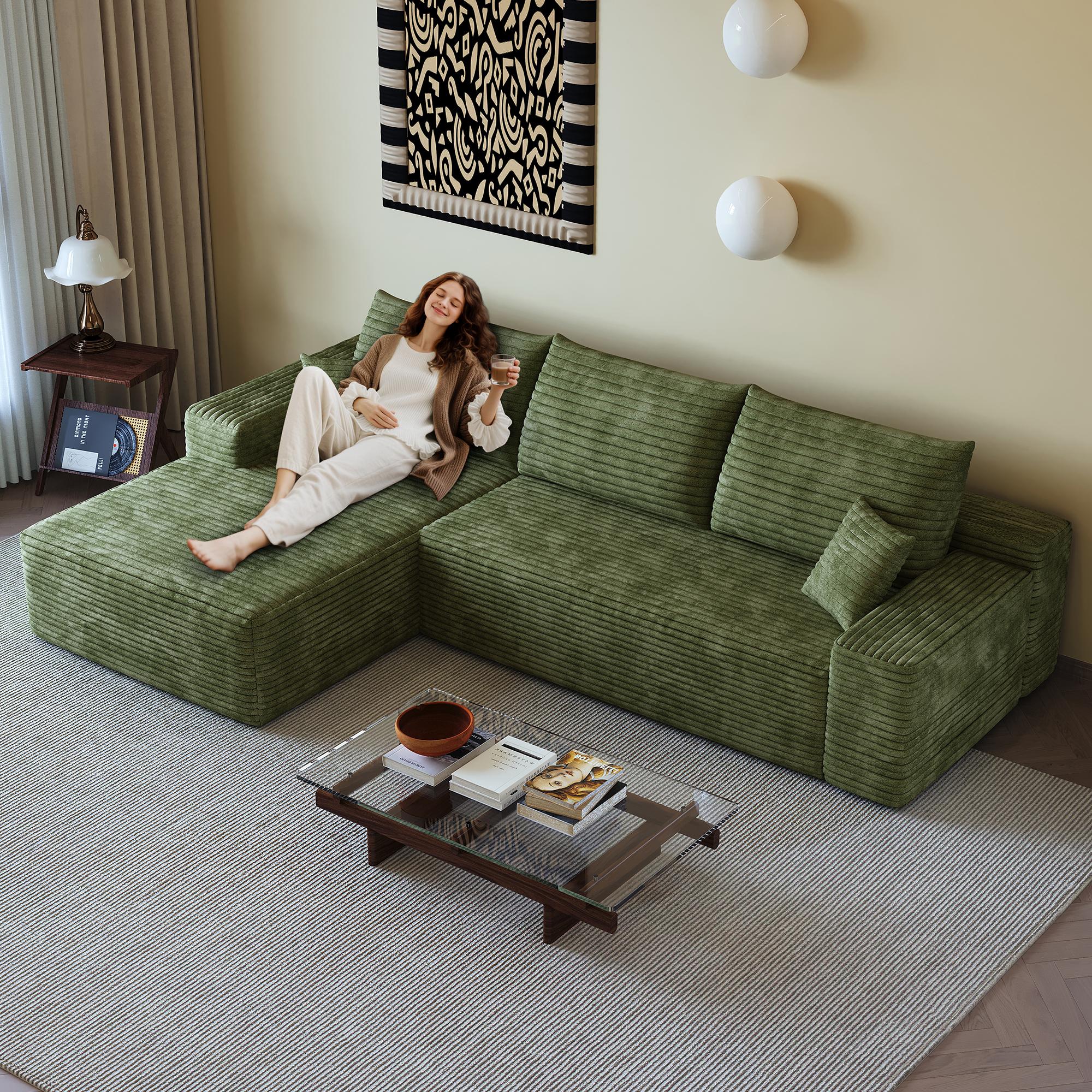 Canapé d'angle 270x175cm vert en tissu côtelé, structure modulaire sans montage, coussins mousse haute élasticité pour salon moderne et appartement