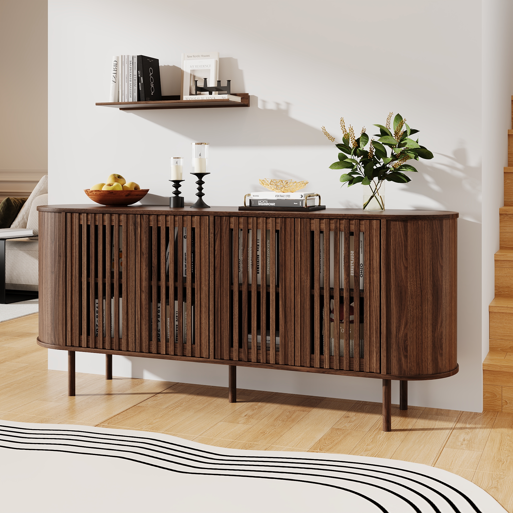 Buffet Moderne 160x40x70 cm avec 4 Portes Coulissantes Perforées et Étagères Réglables pour Rangement Flexible et Silencieux