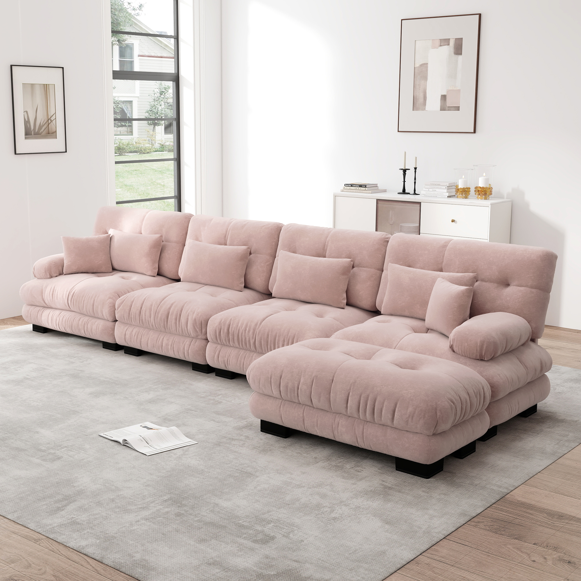 Canapé d'angle 4 places modulable avec ottoman mobile et LED intégrée, combinaison DIY en chenille rose