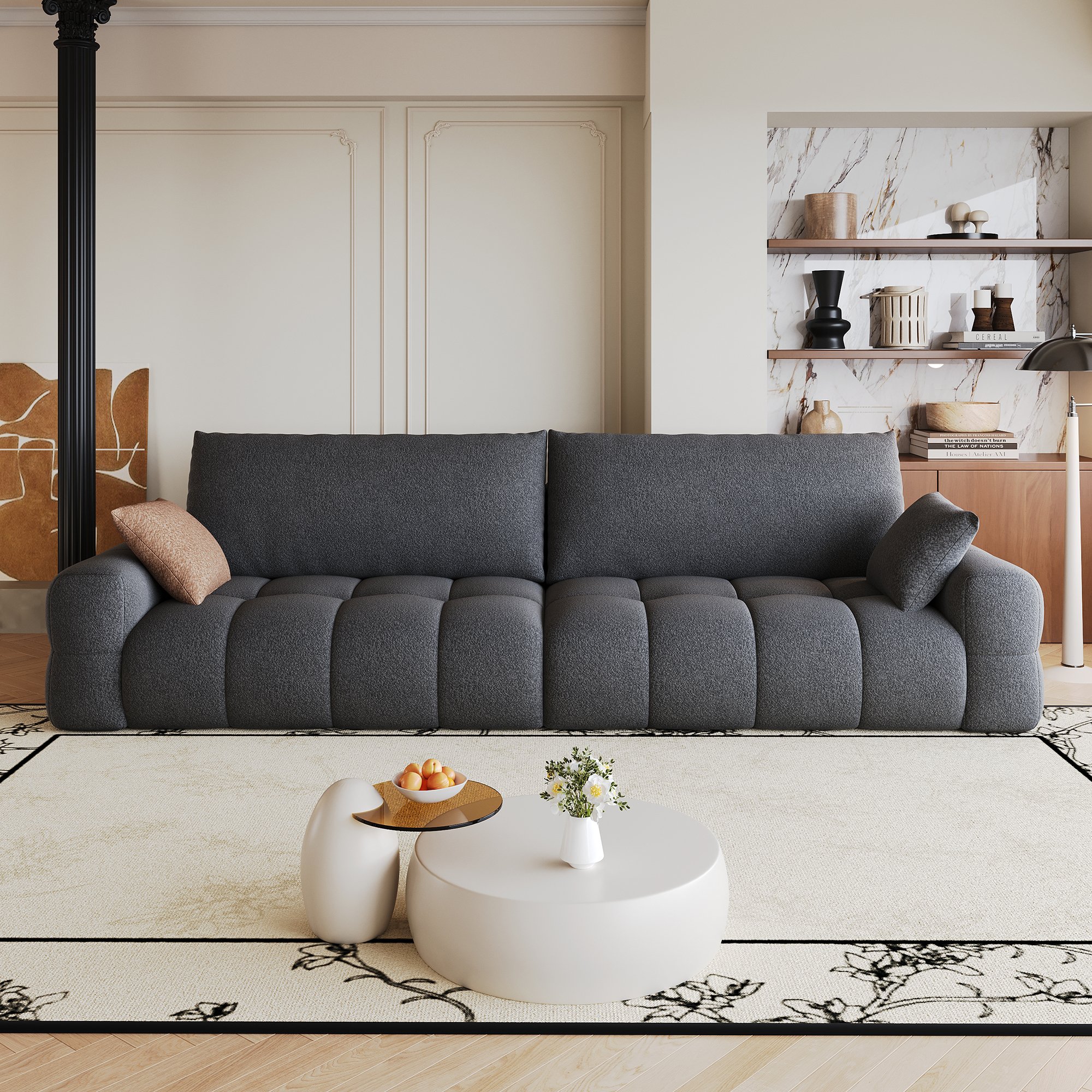 Canapé modulable 260x105x86 cm en tissu lin gris foncé sans montage avec assise profonde et structure boneless pour salon ou chambre
