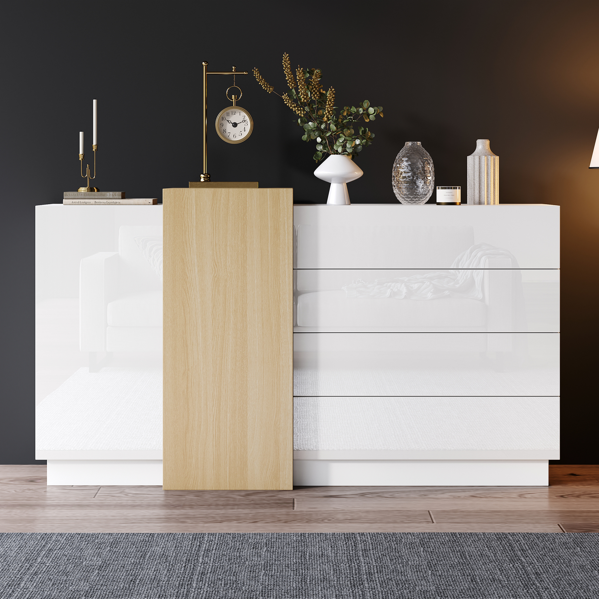 Buffet Étroit 140x35x76,5 cm, Meuble Rangement Minimaliste Avec 4 Tiroirs Et 2 Portes Pour Petit Espace