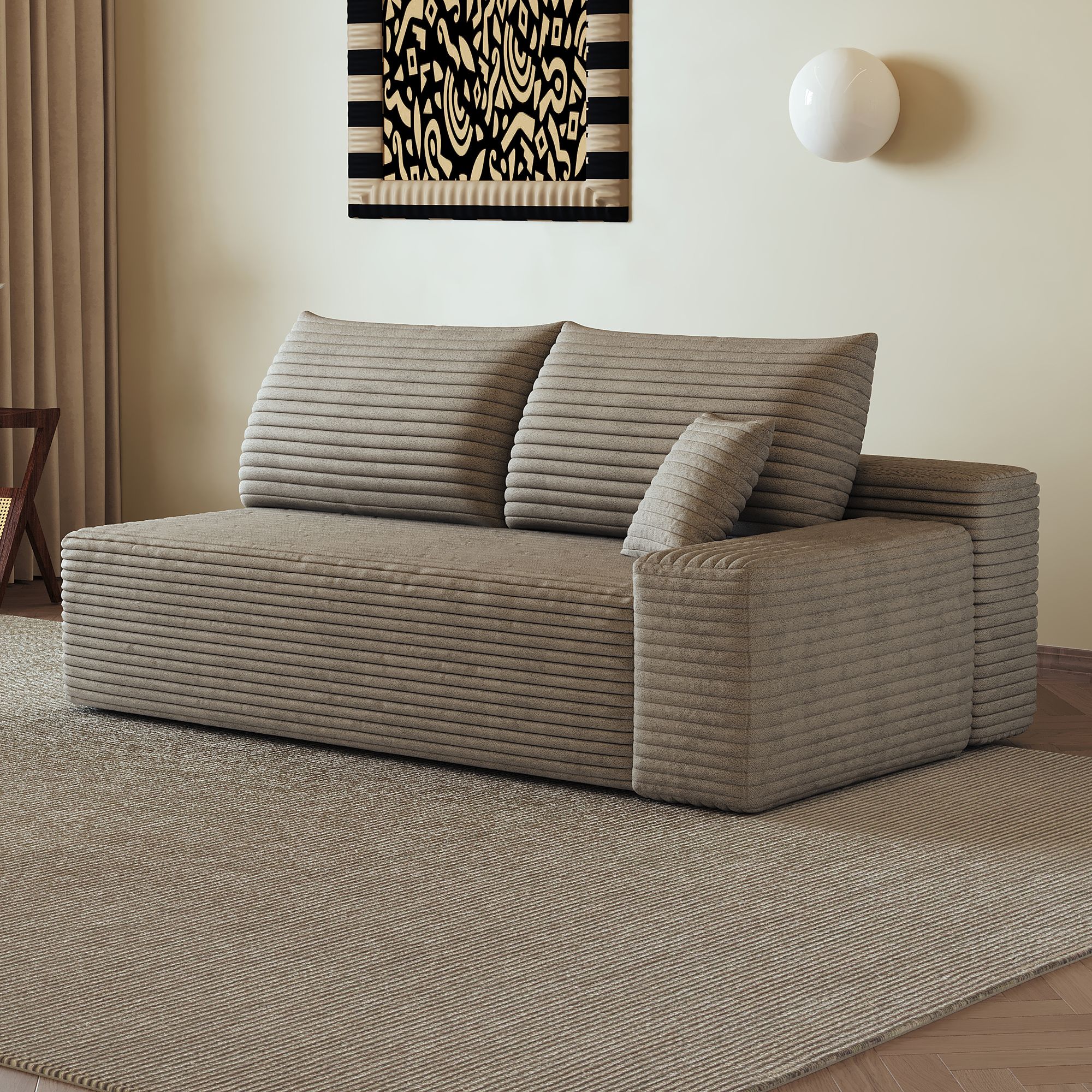 Canapé droit 2 places en velours côtelé camel, structure modulaire sans montage, confort nuage, dimensions 175x95x83 cm, idéal pour petit salon ou chambre.
