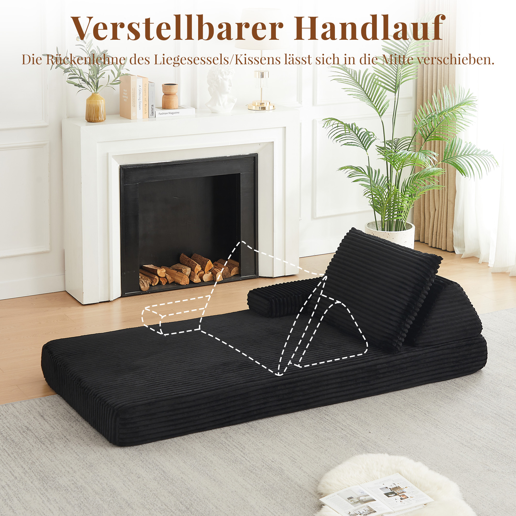 Canapé Modulable Noir 211x106cm en Velours Côtelé avec Dossiers Triangulaires Amovibles et Coussins Allongés pour Salon Moderne